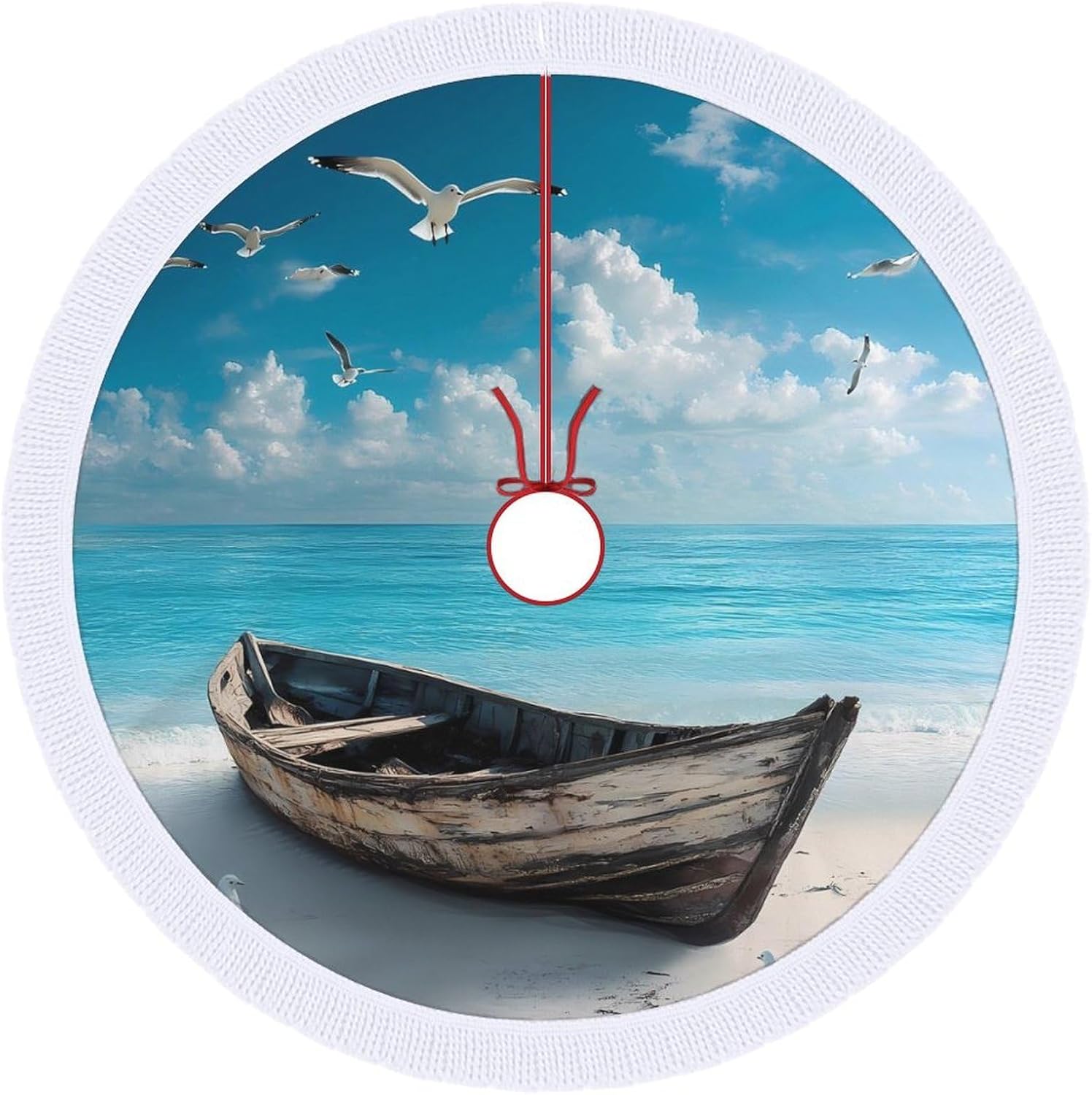 Boat on Beach Seagulls Christmas Tree Skirt Round Xmas Tree Mat Ornaments Tree Skirts with Tassels for Holiday Party