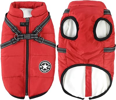 Aiboria Dog Jacket Windproof Warm Pet Fleece Coat Dog Sweater Padded Vest with Chest Strap Harness Red L