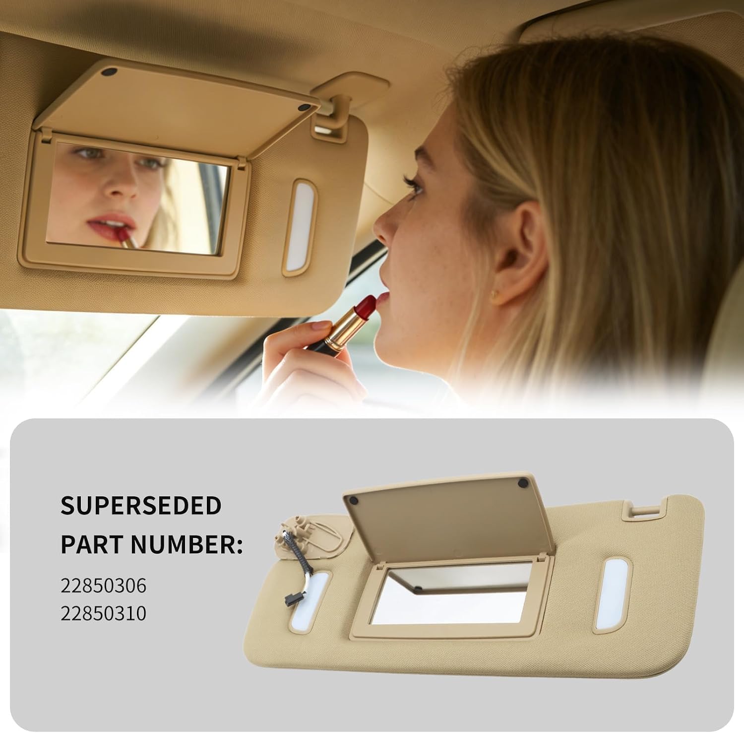 22850306 Beige Sun Visor Driver Left Side W/Light Compatible with Silverado Suburban 1500 2500 Tahoe Sierra Yukon/XL Escalade 2007-2014 22850310