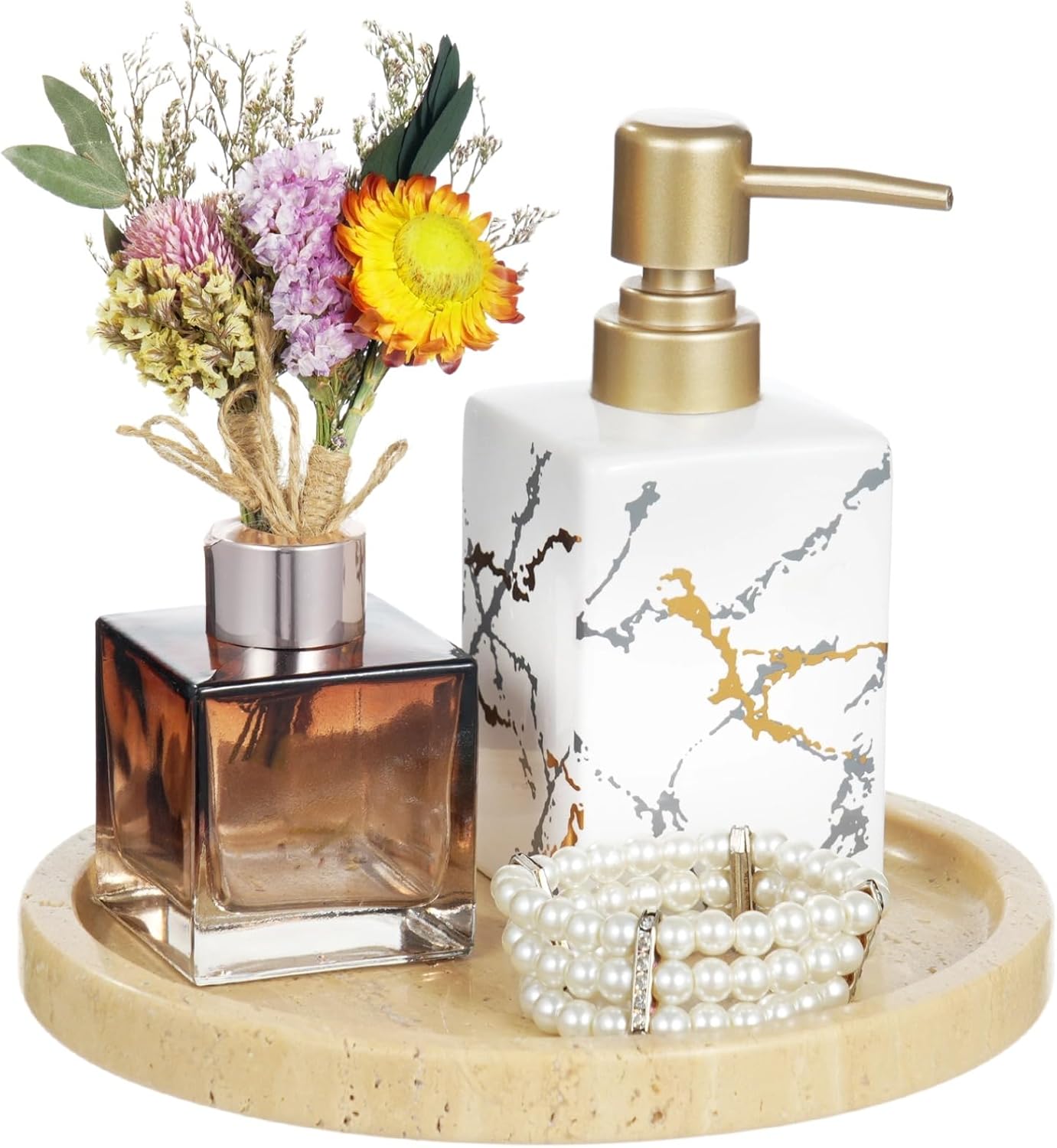 Round Beige Travertine Tray, 7.9 in Decorative Tray, Small Vanity Tray for Bathroom Counter Decor, Natural Stone Jewelry Holder Tabletop Organizer for Dresser and Coffee Table