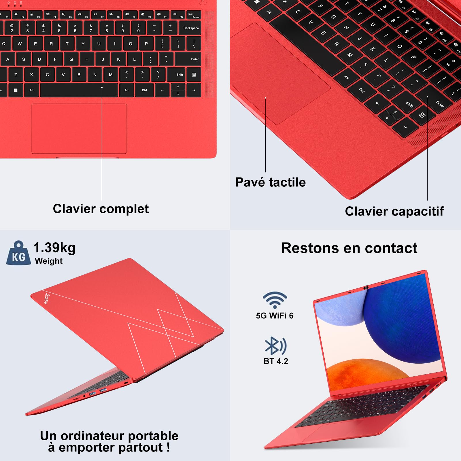 Ordinateur Portable 14 Pouces Celeron N5095 (jusqu'à 2,9 GHz) Win11 8Go 256Go SSD Extension1To 5G WiFi 1920x1080HD PC Portable avec Souris sans Fil QWERTY Clavier avec AZERTY Membrane Clavier-Rouge-13