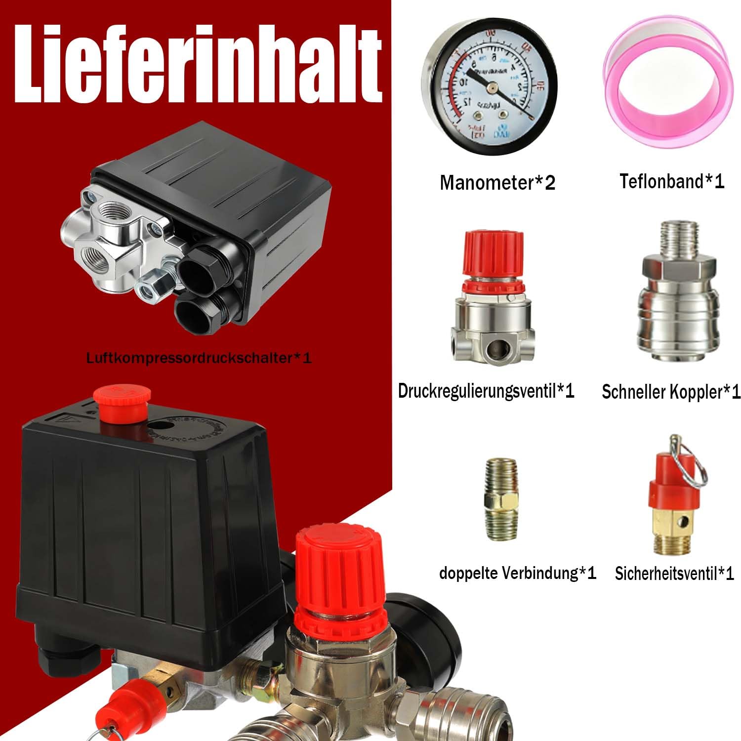 Pressostato per Compressore d'Aria con Regolatore di Pressione 220V, Manometro, Valvola di Sicurezza, Raccordi Rapidi G1/4", 90-120 PSI, Controllo Manuale ON/OFF