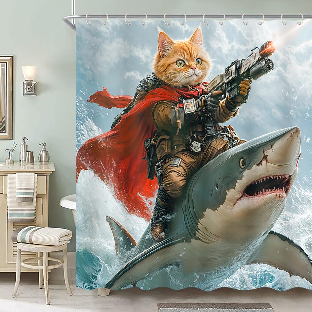 Funny Animal Shower Curtain, Blue Cool Cat Riding Shark Ocean Wave Shower Curtain for Bathroom, Fun Nautical Kids Children Fabric Bath Curtain with 12 Hooks Men Bathroom Decor Accessories,70X70IN