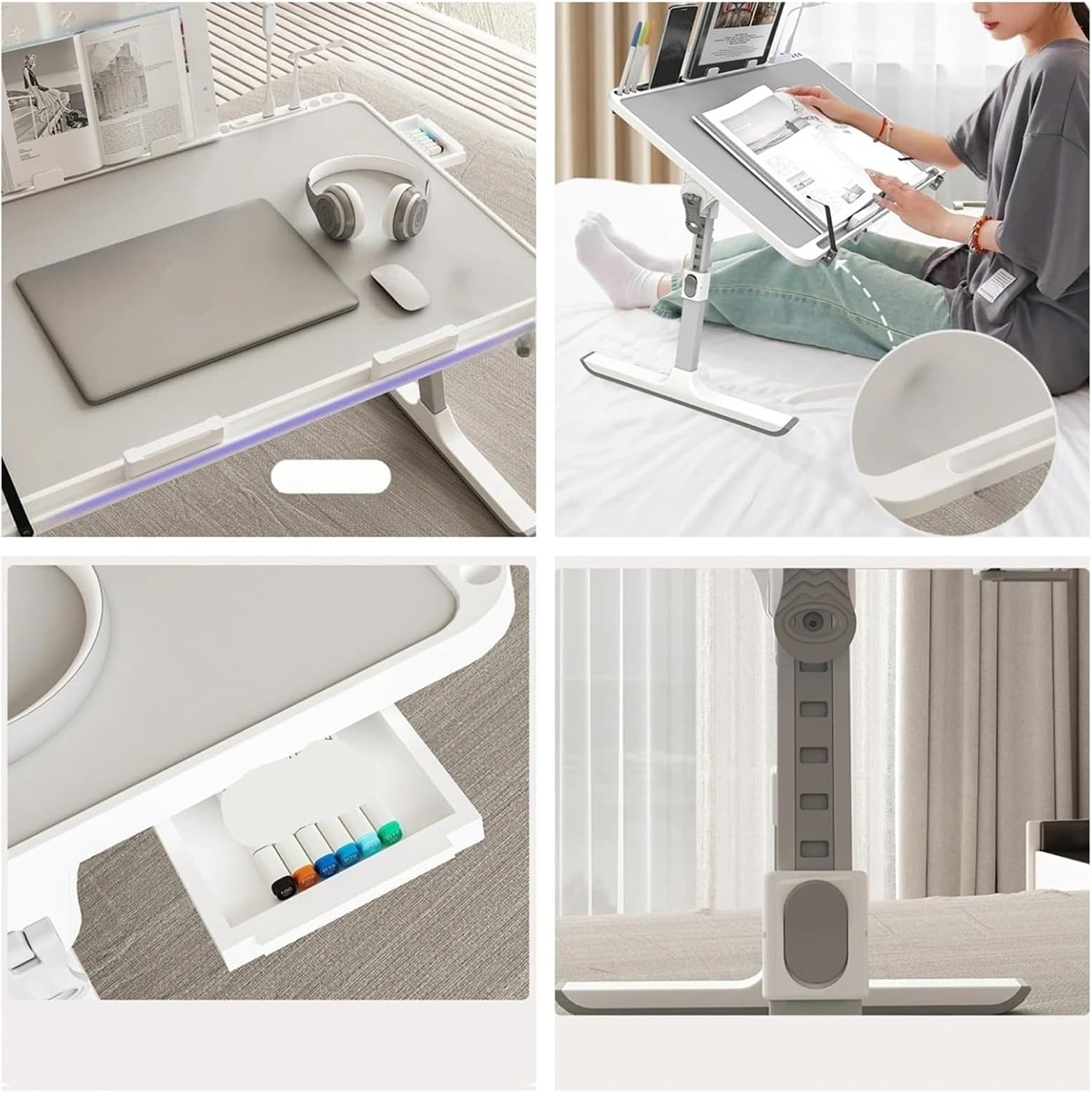 Adjustable Bed Table Tray Portable Laptop Desk with Storage Drawer Foldable Standing Desk for Sofa Grey Clip Style Ideal for Home Office and Study