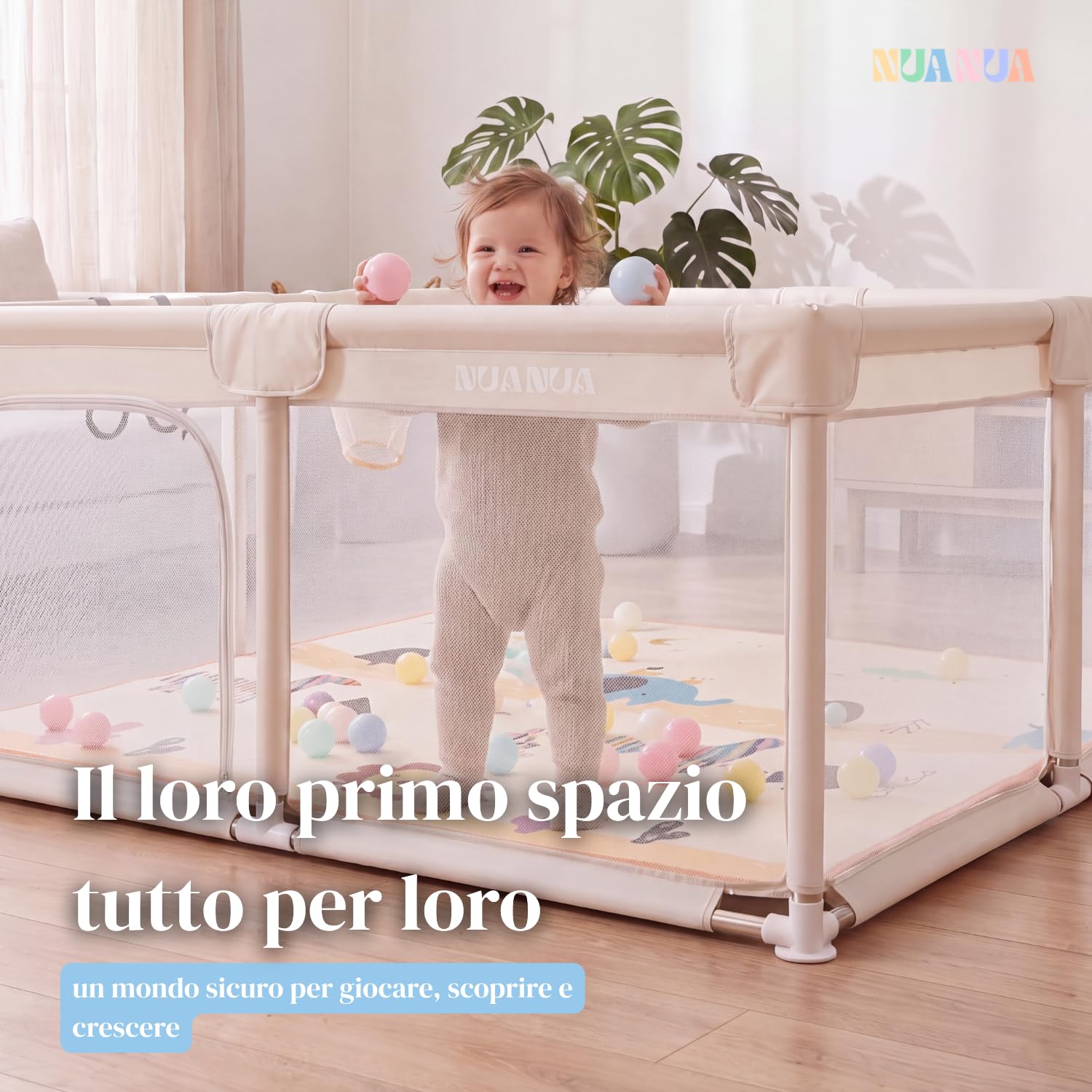 NUANUA Box Bambini XXL 150x180 cm - Recinto Neonato con Tappeto - Beige | Smontabile con materassino, palline, cesto e maniglie - piscina di palline per interno ed esterno - per bimbi 0-36 mesi