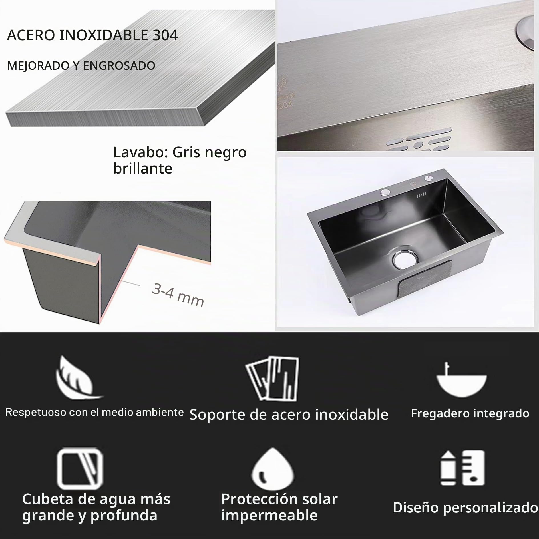 68 x 45 x 85 cm Acero inoxidable Fregadero Negro – Fregadero de 1 lavabo independiente con grifos de agua fría caliente para cocina, restaurante y comercio, lavado comercial