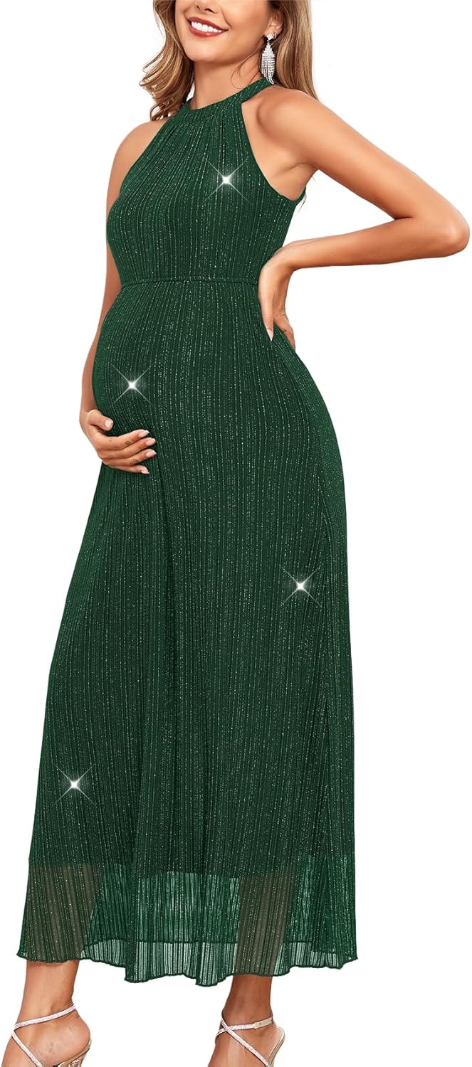 AISWI Maternity Sparkly Mesh Dress Halter Neck Sleeveless A Line Pregnancy Dresses Semi Formal Baby Shower Photoshoot