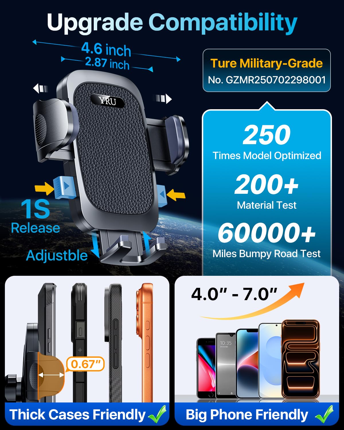 [Prawdziwy wojskowy i obracany o 360° ssanie] 2025 YRU Ultimate samochodowy uchwyt na telefon 【90+LBS najbezpieczniejszy najsilniejszy i certyfikaty patentowe】 Odpowietrznik szyby na deskę rozdzielczą