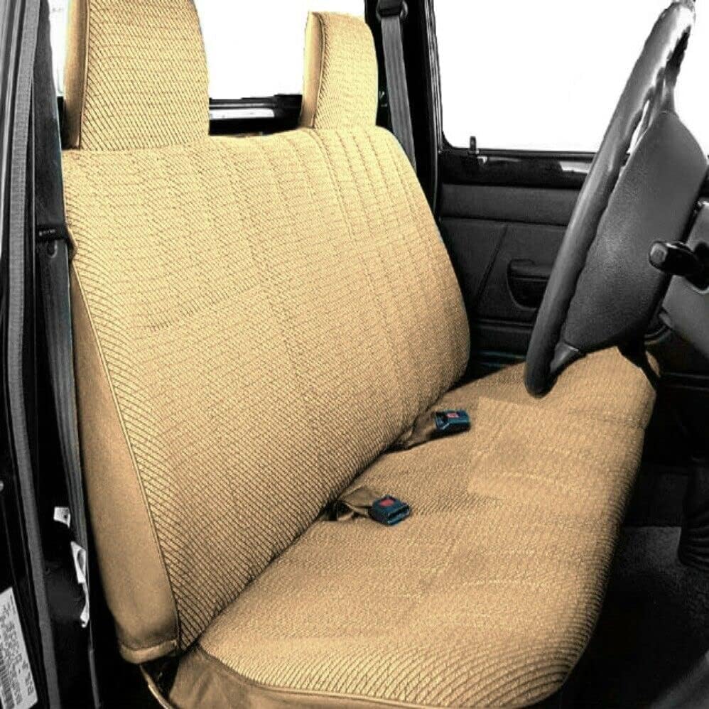 Seat Cover Made Compatible with Toyota Pickup Front Bench A23 Triple Stitched Molded Headrest Belt Cutout (Beige Tan)