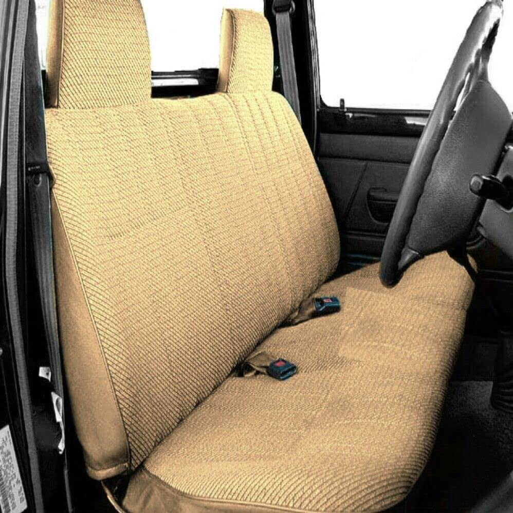 Seat Cover Made Compatible with Toyota Pickup Front Bench A23 Triple Stitched Molded Headrest Belt Cutout (Beige Tan)