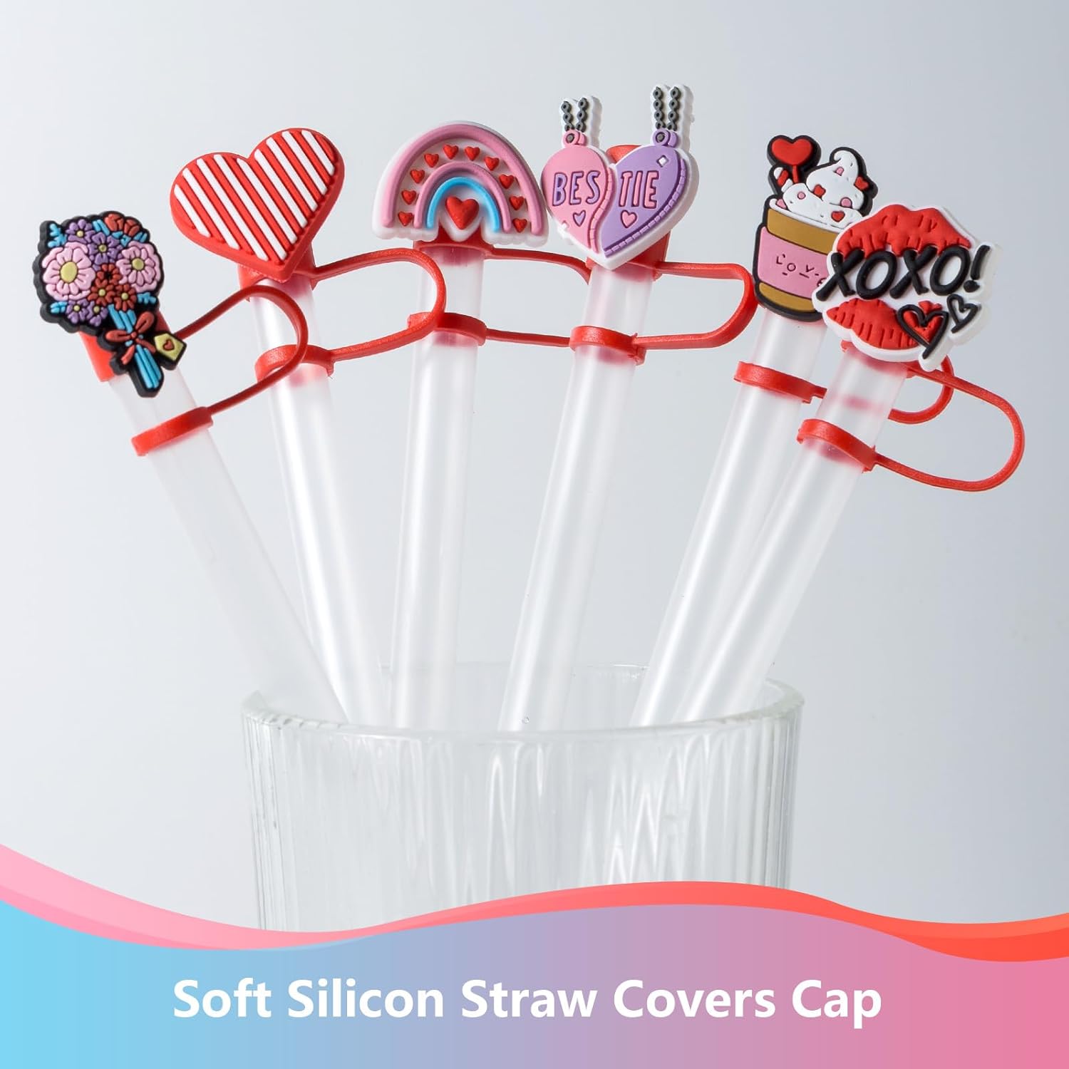 6Pcs Valentine's Day Straw Cover Cap for Stanley Cup, 10mm Reusable Cute Pink Drinking Straw Topper Accessories, Portable Protector Plugs Decorations Gifts for Kids Party Favors - Image 3
