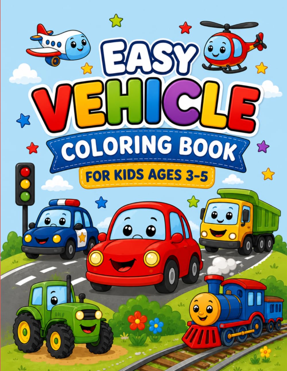 Easy Vehicles Coloring Book for Kids Ages 3–5: Cute and Simple Big Bold Vehicle Coloring Pages for Toddlers and Preschoolers