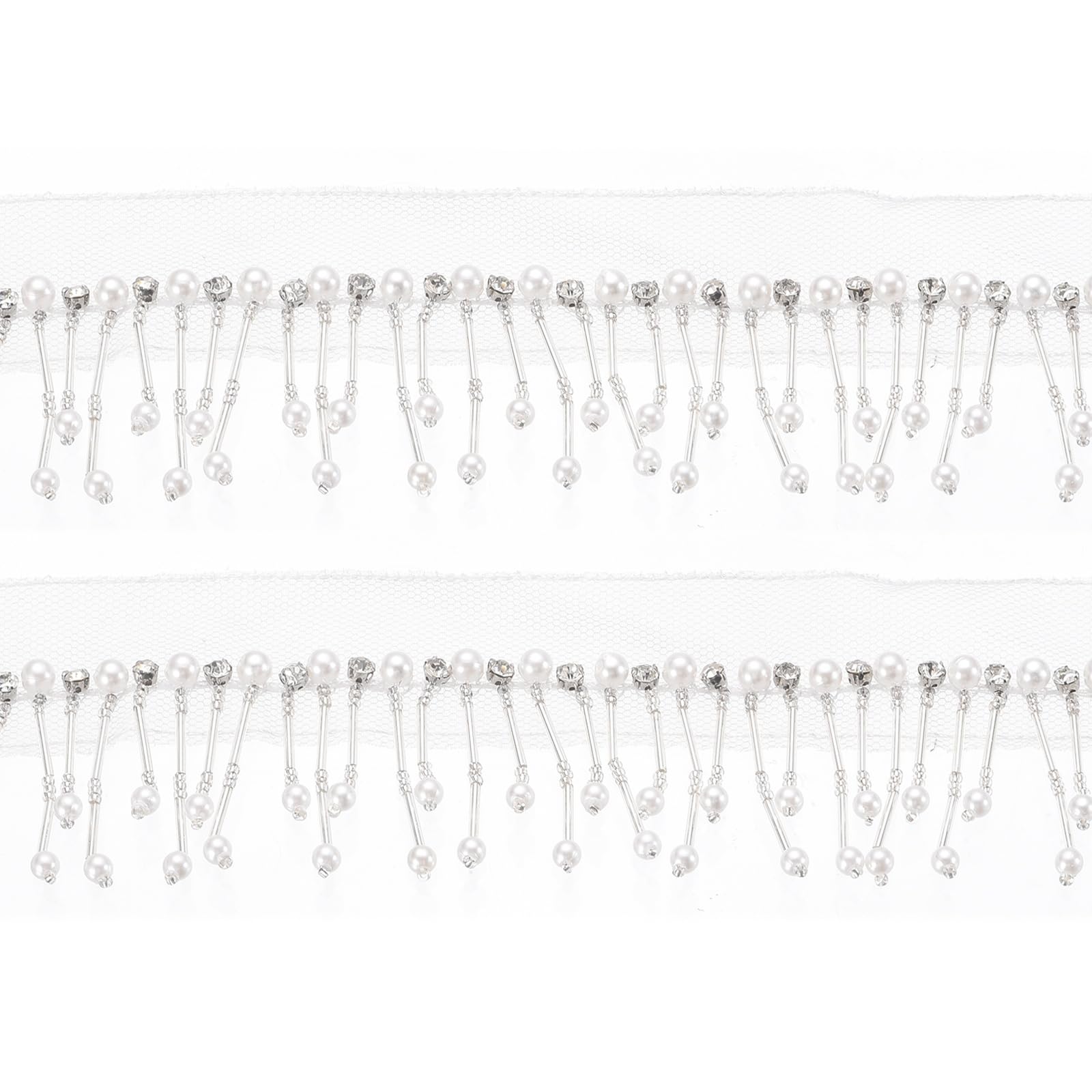 PATIKIL 1 Yard 2.5 Inch Rhinestone Pearl Fringe Trim, Rhinestone Fringe Trim Pearl Crystal Tassel Ribbon for Sewing Clothing Wedding Handbags Lamp Shade Home Decor DIY Crafts, Silver White