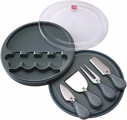 YQ Juego de 4 cuchillos y tablas de queso, juego de 4 cuchillos de queso de acero inoxidable, tabla redonda de embutidos para servir galletas de