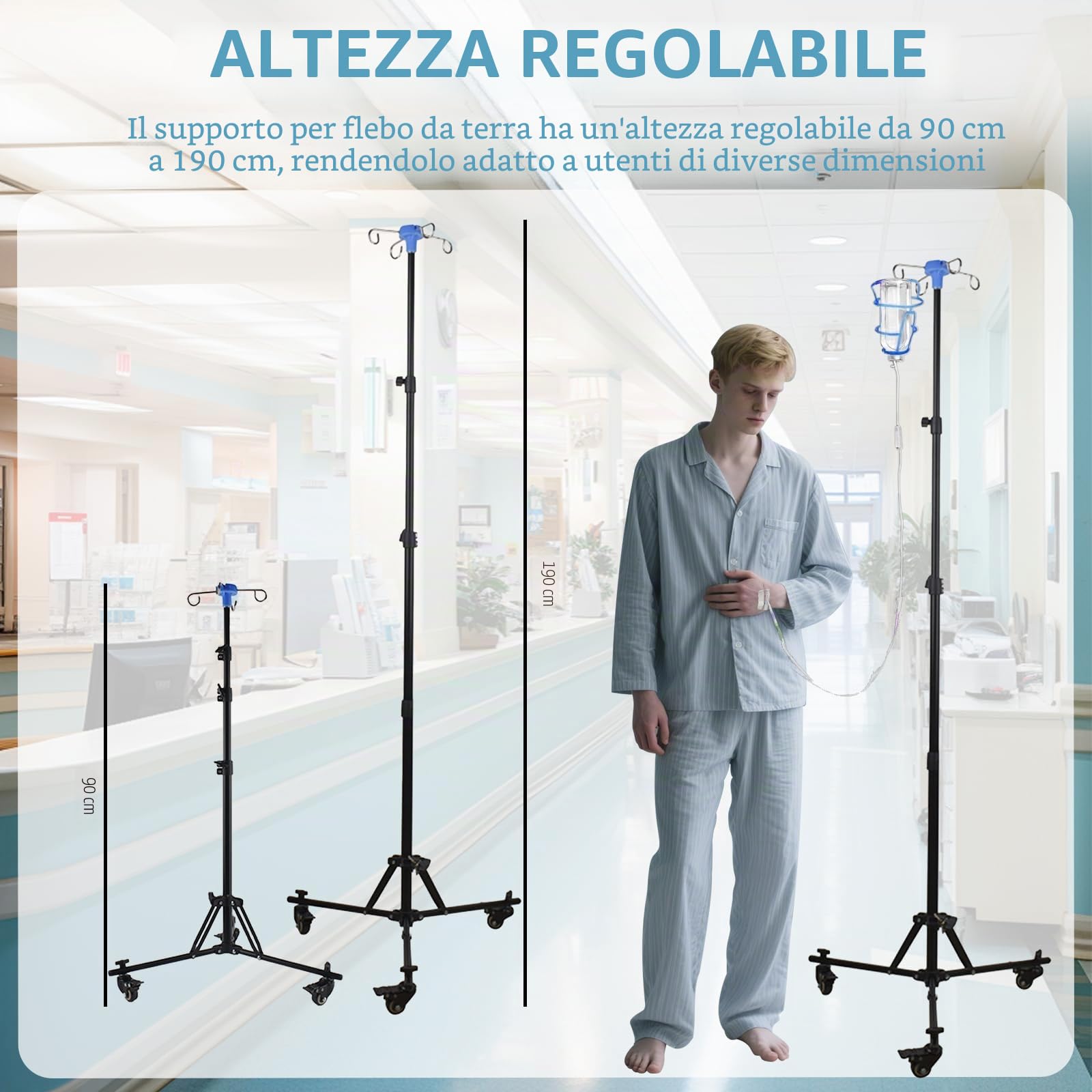 Supporto per Infusione con Ruote, Pieghevole Aste Portaflebo con 4 Ganci, Altezza Regolabile, Supporto per Asta IV Portatile per Ospedale e Cura Domestica