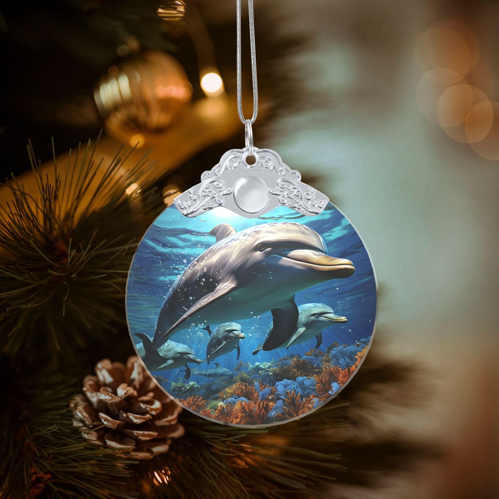 Crystal Christmas Ornaments for Christmas Tree Decoration Hanging Dolphins Ornament with Gold Ribbon Crafts Round Pendant for Keepsake Gifts Glass Xmas Decor Party Supplies