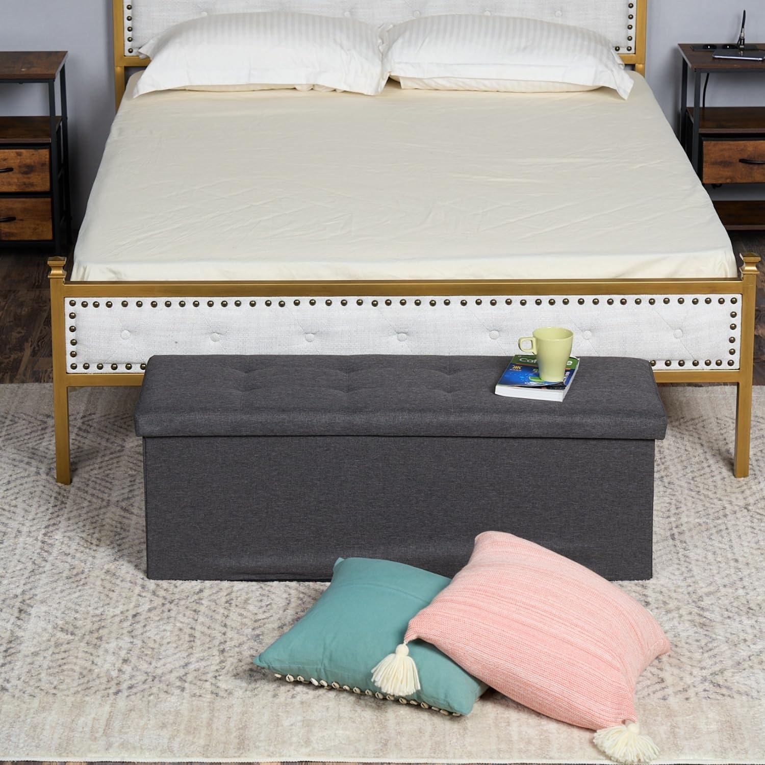 FurnitureR L-110cm Banc de Rangement pour Chambres d'enfants, Ottoman en Bout de Lit, Coffre de Rangement Intérieur avec Compartiment Amovible, Pliable Coffre de Rangement Tabouret, Tissu Gris