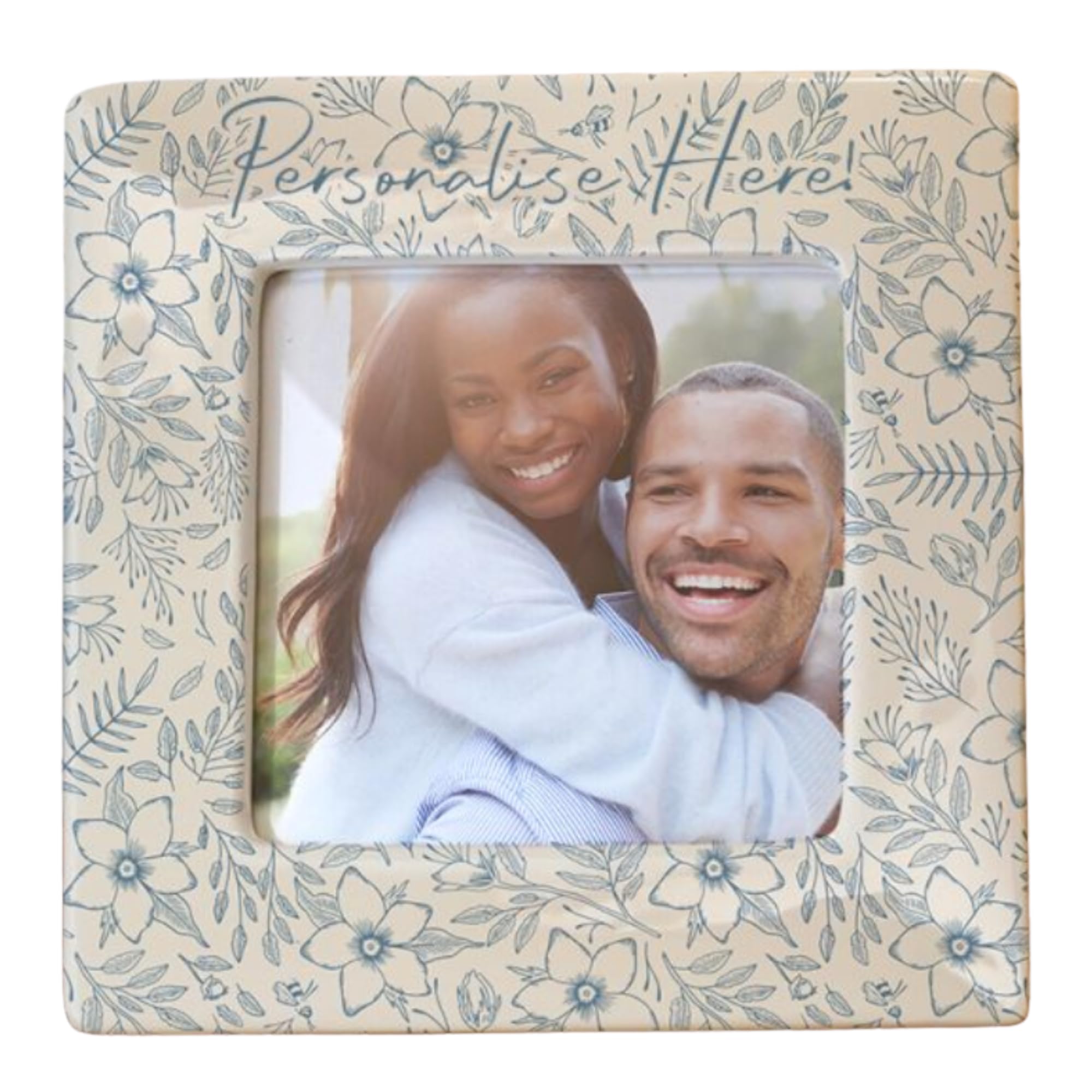 Caleli Gifts Blue Personalised Photo Frame. Ceramic 4X4 Floral Frame