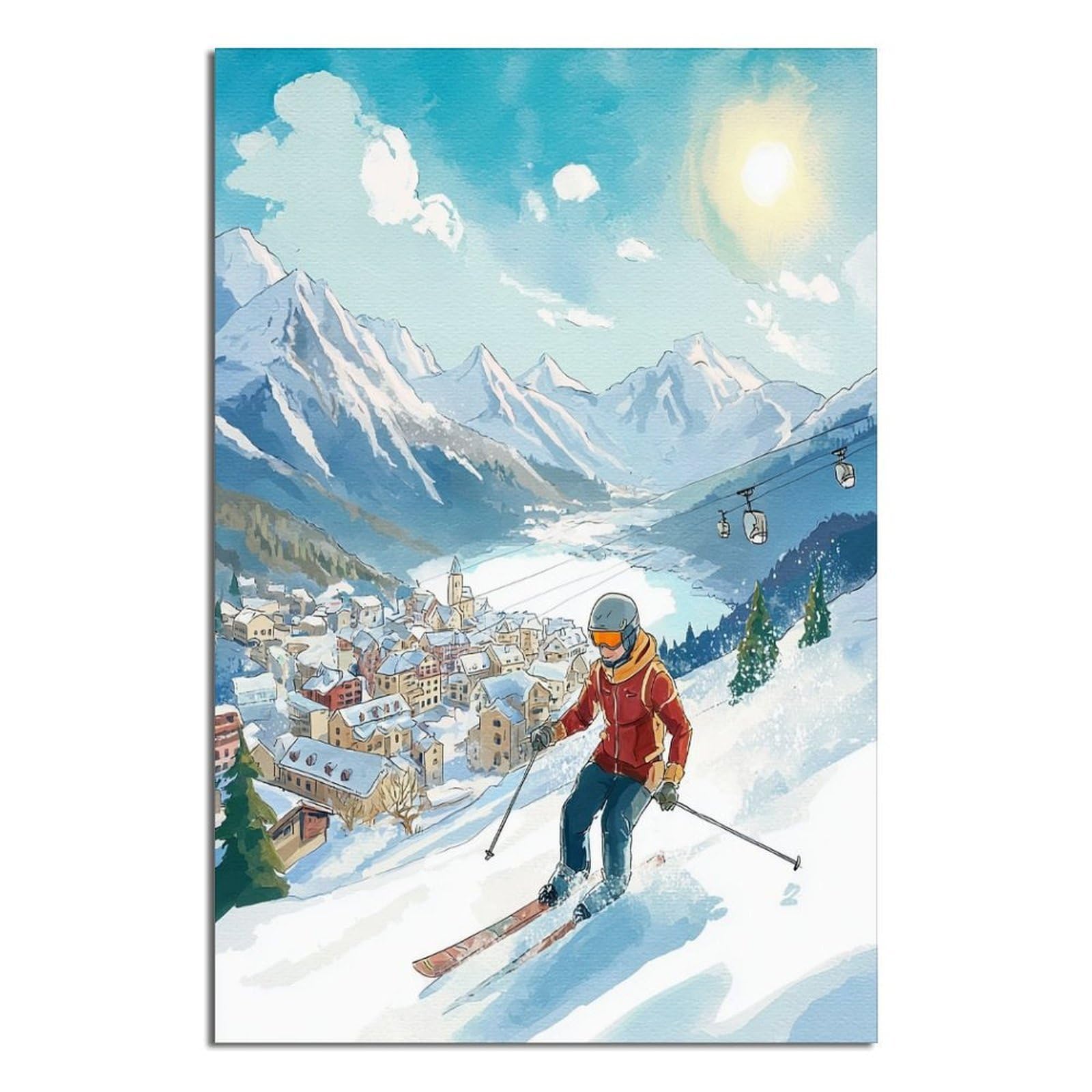 CFXNGA St Moritz Switzerland Ski Poster 24x36inch(60x90cm) Vintage Watercolor Canvas Art