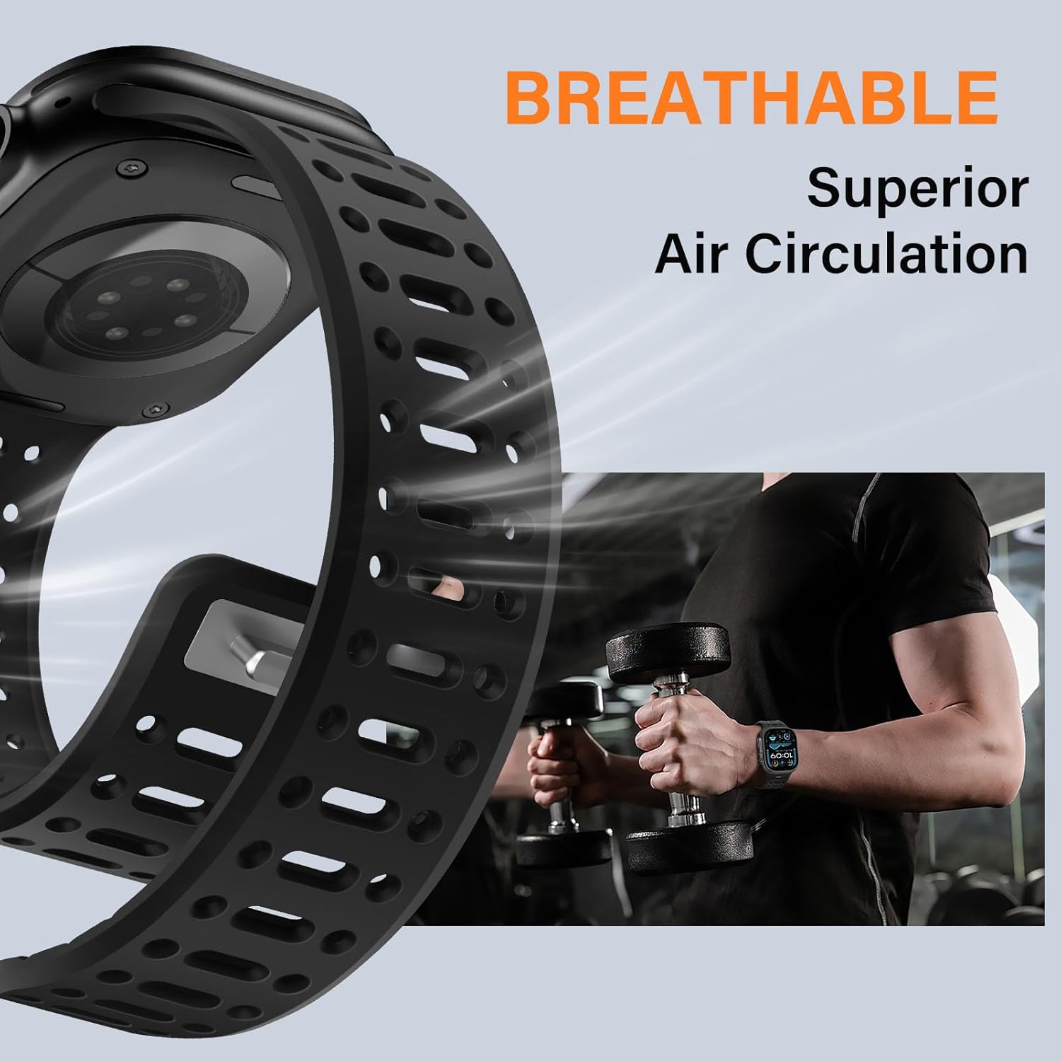 Magnetic Band Compatible with Apple Watch Band 49/46/45/44/42mm for Men Women, Breathable Silicone Sport Band with Safety Button for iWatch Ultra Series 11 10 9 8 7 6 5 4 3 SE (Black) - Image 3