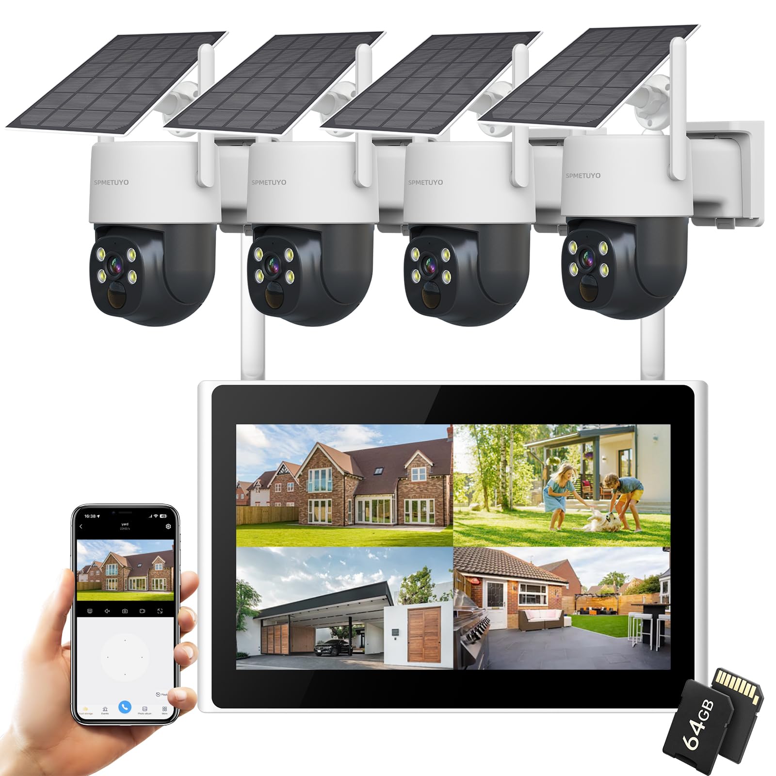 Camera Wireless: Monitor NVR kit with 4pcs Solar Cameras, 360° Pan & Tilt with Full Color Night Vision, 2-Way Talk,2K Battery Camera for Home Surveillance System