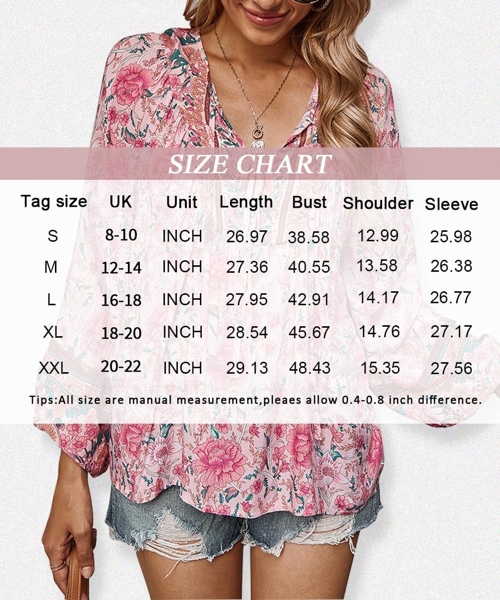 Chemisier pour Femme élégant décontracté Style bohème col en V Motif Floral Tunique Ample à Manches Longues été