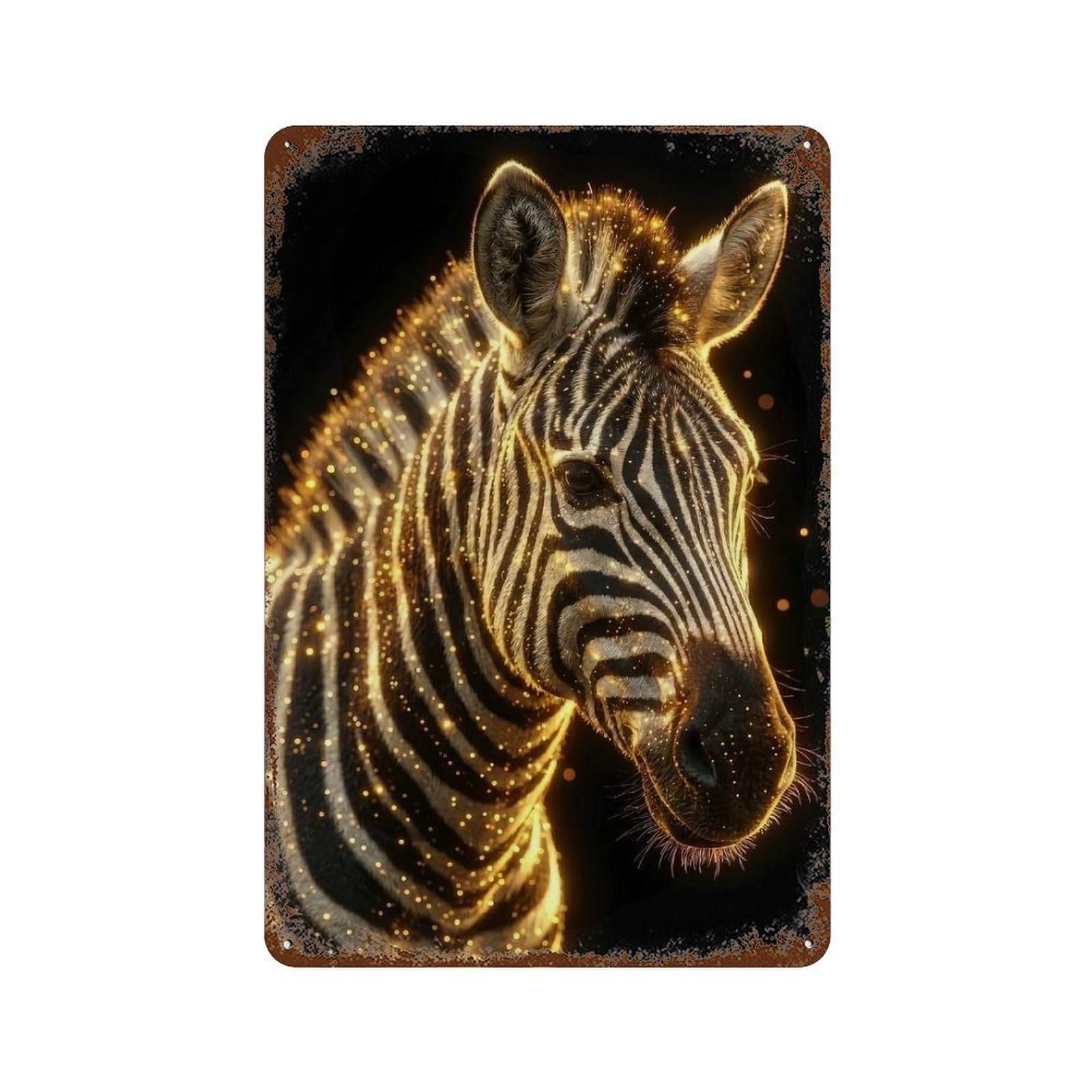 Golden Zebra Portrait on Black Background 11.8"x7.9" Aged Metal Wall Plaque, Classic Wall Plaque for Basement, Hobby Room And Garage Decor