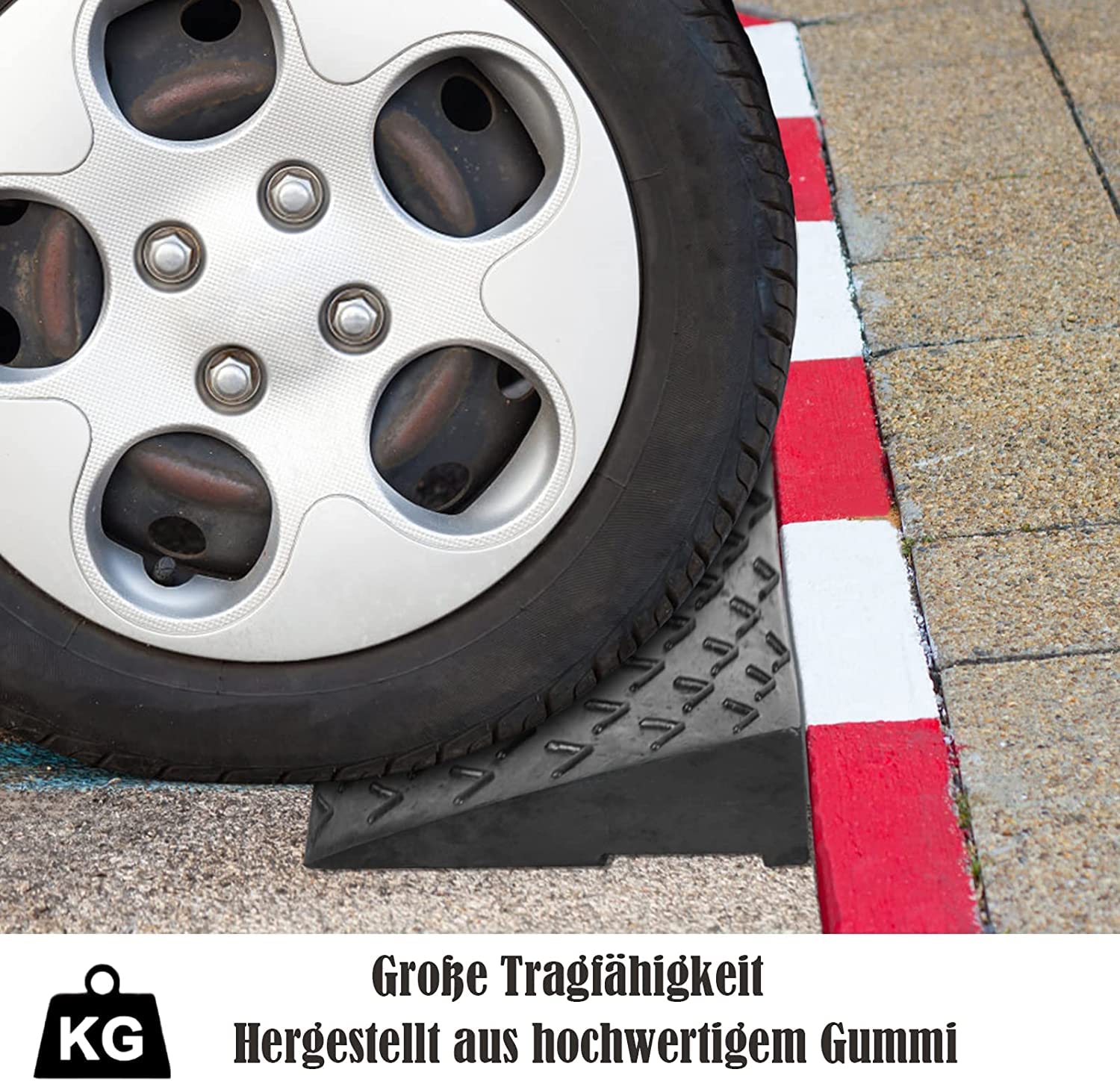Produktbild von Aufun Bordsteinrampe Gummi Schwarz 2 Stück – 53x32x10 Cm, Robuste Türschwellenrampe Für Rollstuhl, Auto & Motorrad, Traglast 2000 Kg, Wetterfest