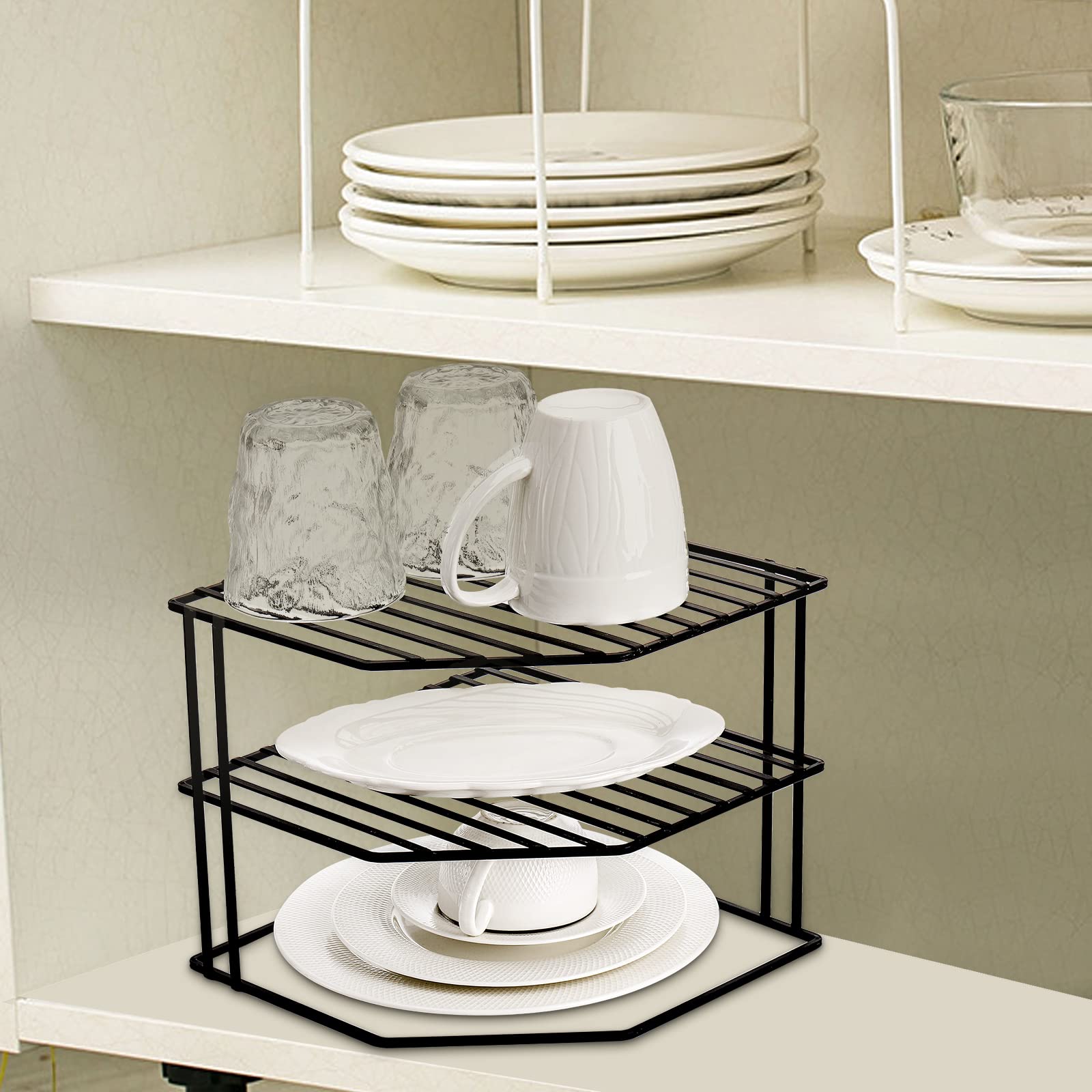 Estante de esquina de cocina de 3 niveles, organizador de armario y mostrador de cocina, 9 x 9 x 7.5 pulgadas, alambre de metal, organizador de armario de despensa y estante de almacenamiento 7