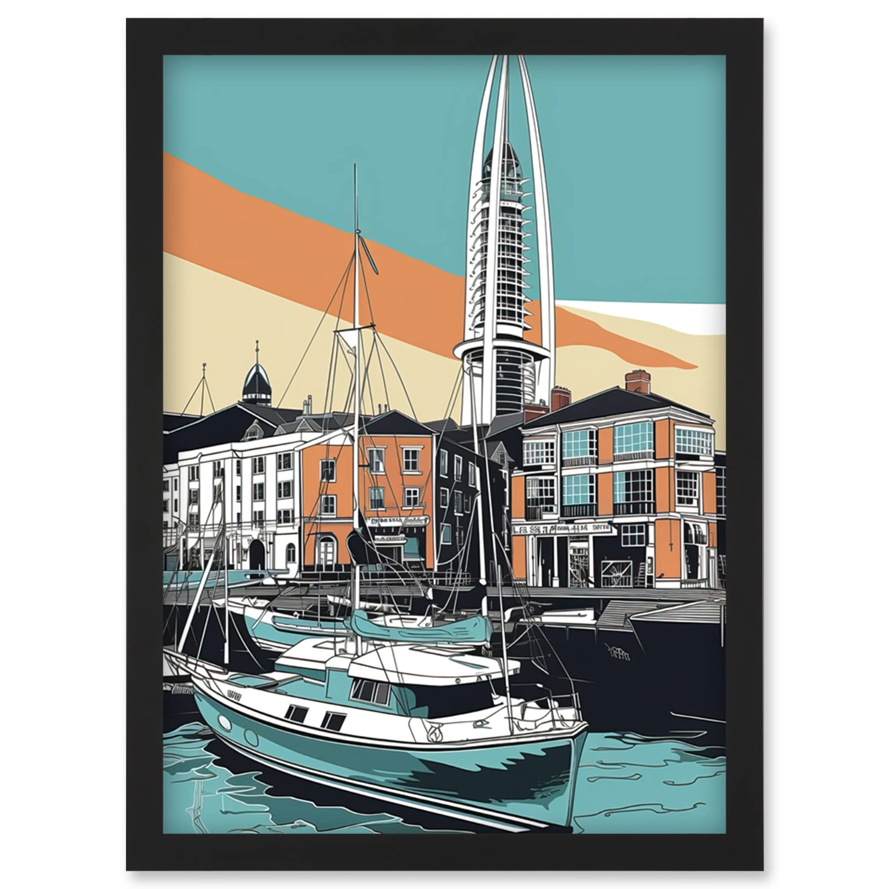 Artery8 Portsmouth Historic Dockyard Modern Linocut Style Artwork Framed Wall Art Print A4