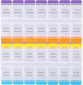 BIOS Living Easy Open Push Tabs, 4 x Daily Pill Planner, Extra Large Pill Modules, Translucent Case for Easy Identification, BPA Free, For Medication, Pills, Vitamins, Supplements, AM/PM