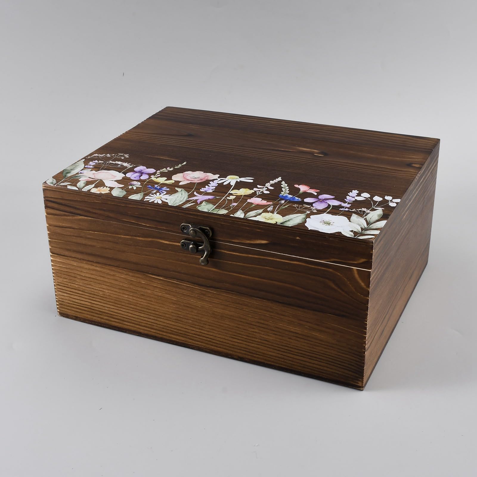 NBEADS Scatola dei ricordi in legno, 22 x 28 x 13 cm, marrone cocco con fiori selvatici stampati, scatola per gioielli e foto con coperchio a scatto per matrimoni e compleanni