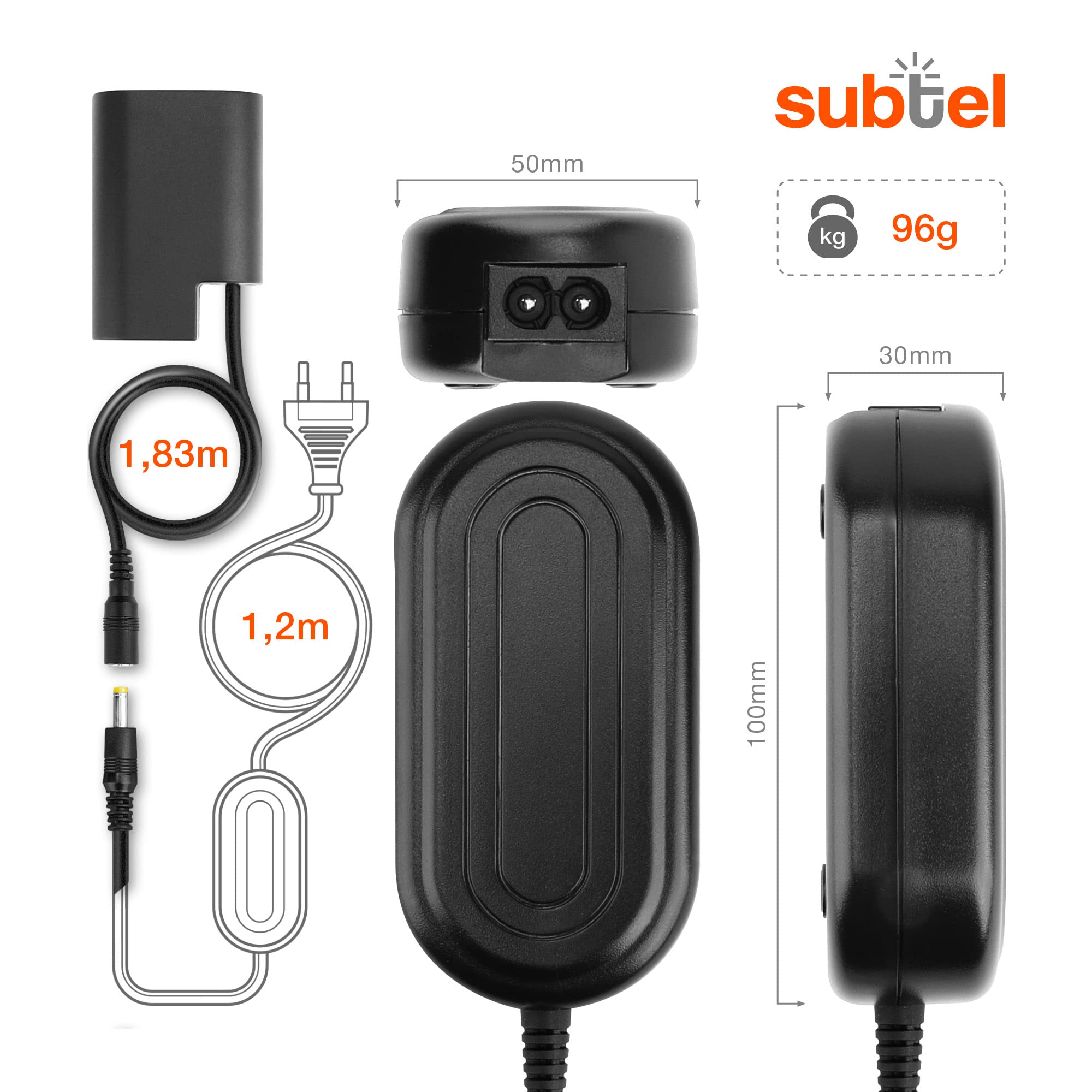 subtel Alimentatore DMW-AC8 + DMW-DCC12 compatibile con ca. 3m + DC Coupler accu Adattatore, Alimentazione da corrente di rete Accoppiatore CC, dummy battery