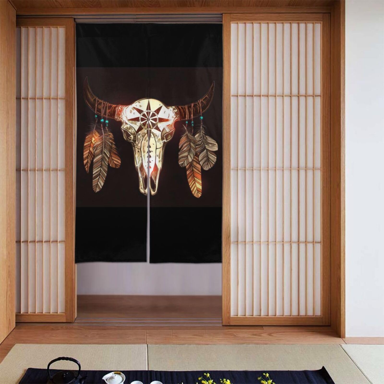 Lukiyys Southwestern Native American Indian Buffalo Skull Feathers Door Curtains,Doorways Curtains for Windows,Bedroom Divider 34"X 56"