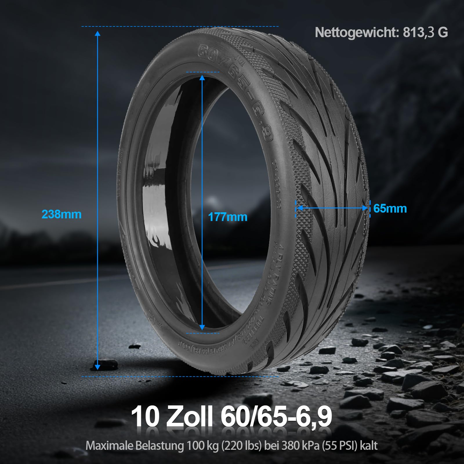 60/65-6,9 Tubeless Reifen mit Ventil für Ninebot Max G2/G2D/G2E/G65/F3/F3 Pro Hinten Scooter 10'' Ersatzräder Hochelastische Ersatz Reifen mit Live-Kleber Reparierbar Pannensicher (1 Stück)