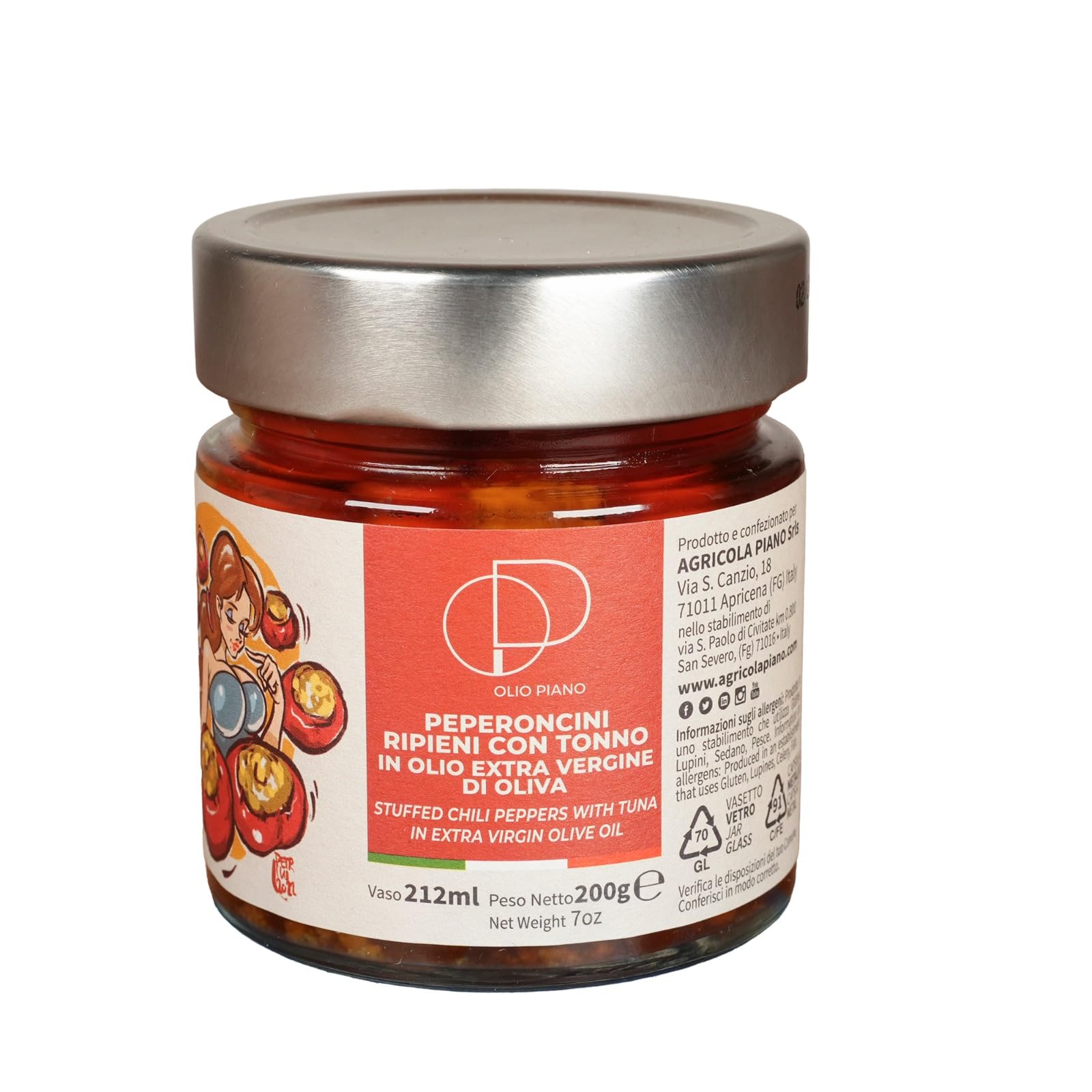 Agricola Piano - Guindillas en aceite | Chiles rellenas con atún en aceite de oliva virgen extra 212 ml – 100% Italiano, Receta antigua – Producción artesanal
