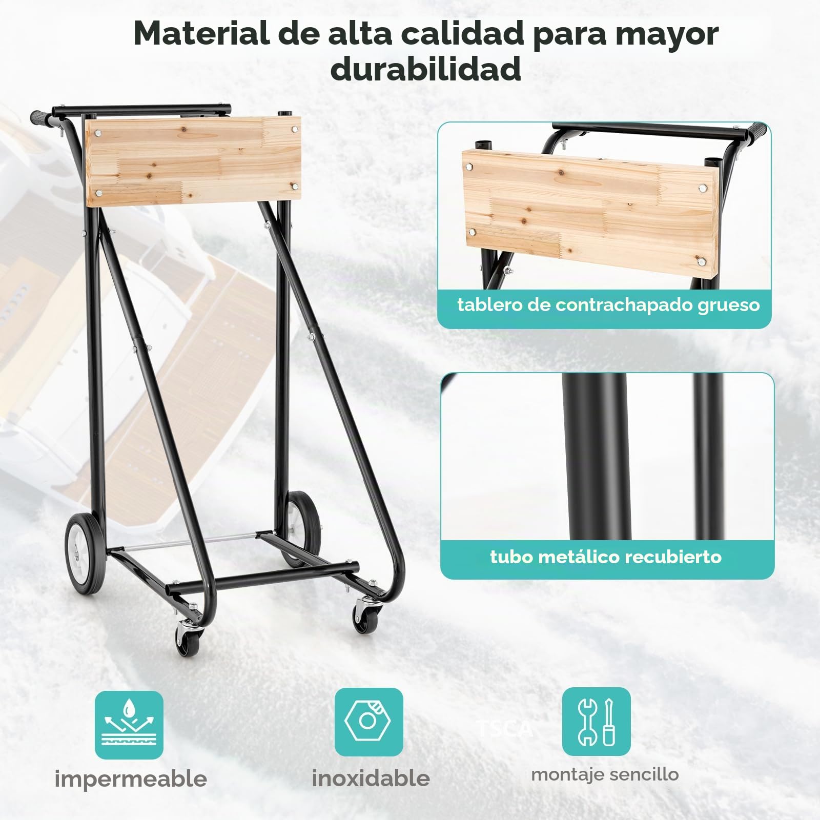 GOPLUS Soporte fueraborda, carro de transporte para motores de barcos con tablero de madera contrachapada gruesa y maciza, 4 ruedas y mango ergonómico, motor fueraborda para reparación, mantenimiento