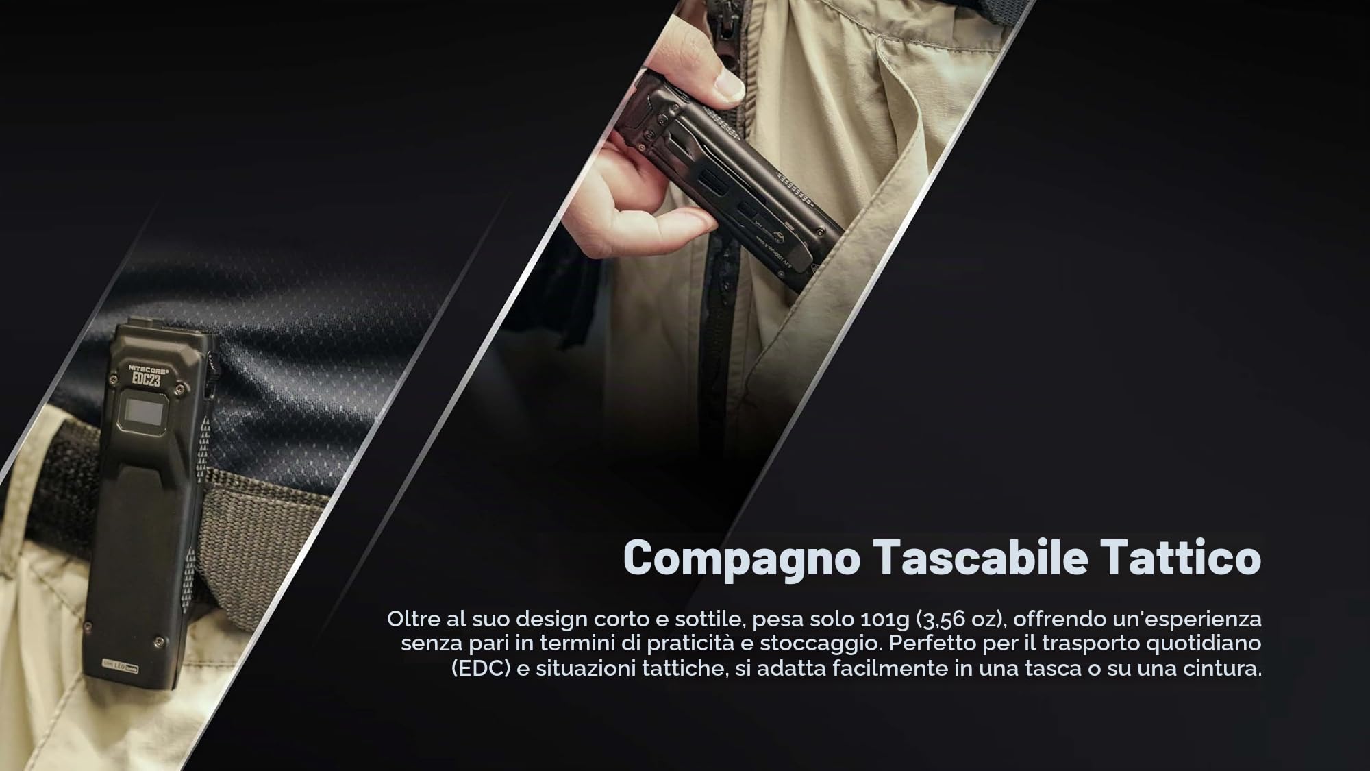 Nitecore Torcia EDC23 LED, 2500 lumen, ricaricabile, forma piatta, luce portatile, display OLED, interruttore blocco meccanico
