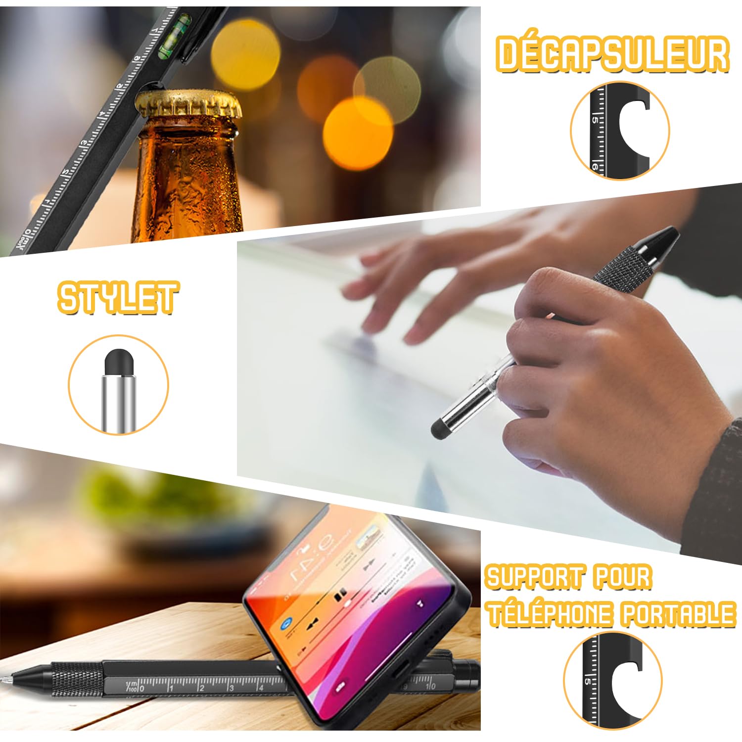 Stylo Multifonction 6 En 1 MAVURA - Niveau à Bulle, Règle, Tournevis Cruciforme Et Plat, Stylo Tactile - Cadeau Homme Pratique
