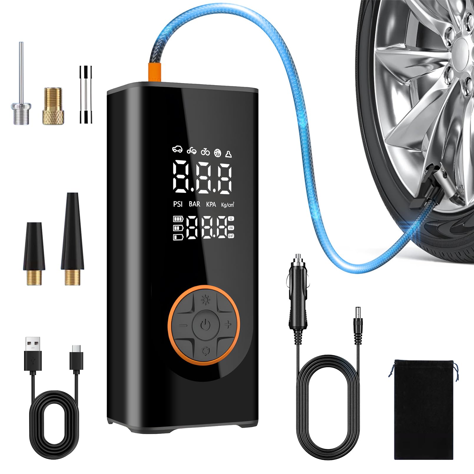 Tragbare Reifenpumpe für Auto, Kabelloser Autoreifenfüller Luftkompressor, Elektrische Mini-Fahrradpumpe mit digitalem Manometer 150PSI, Dual-Wert-Anzeige, LED-Licht, Fahrrad, Motorrad, Ball