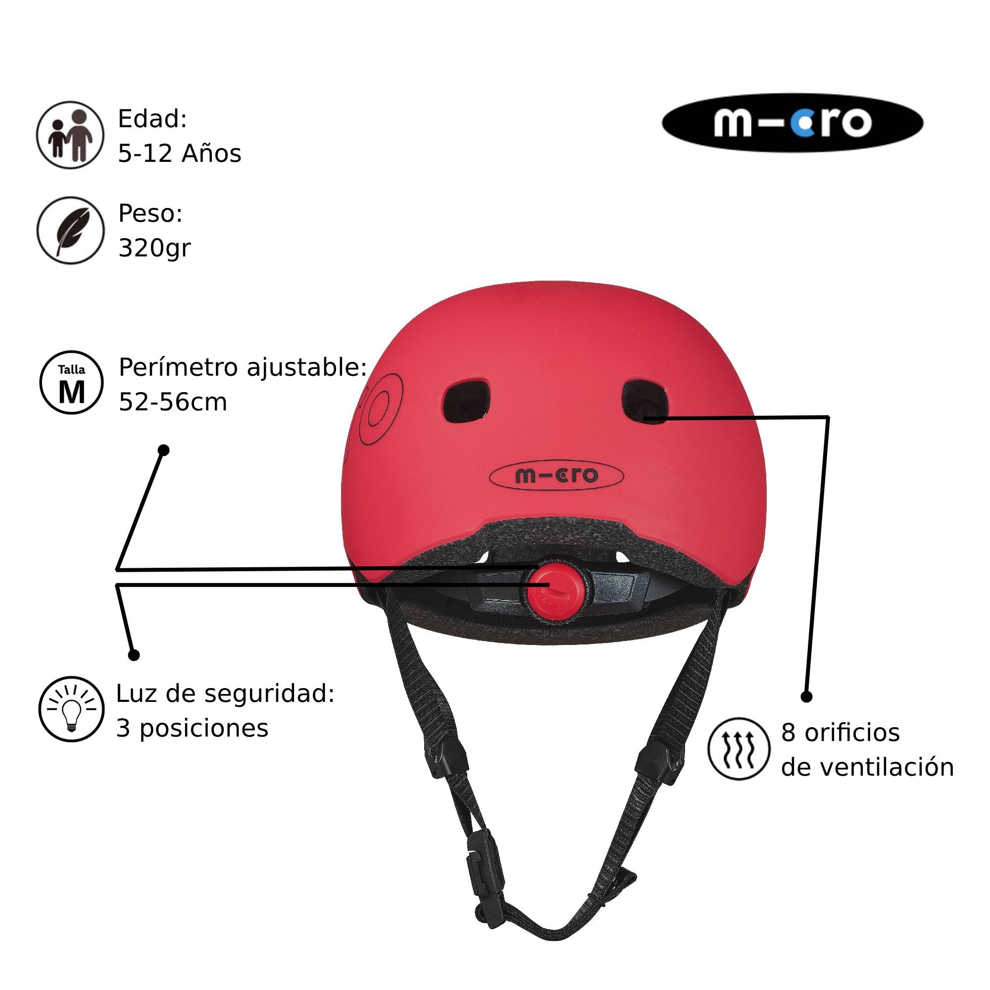 Micro® | Casco Infantil para Patinete o Bicicleta | Luz Trasera de Seguridad 3 Posiciones | Ultraligero 250 Gramos | Cierre Magnético | Niños y Niñas