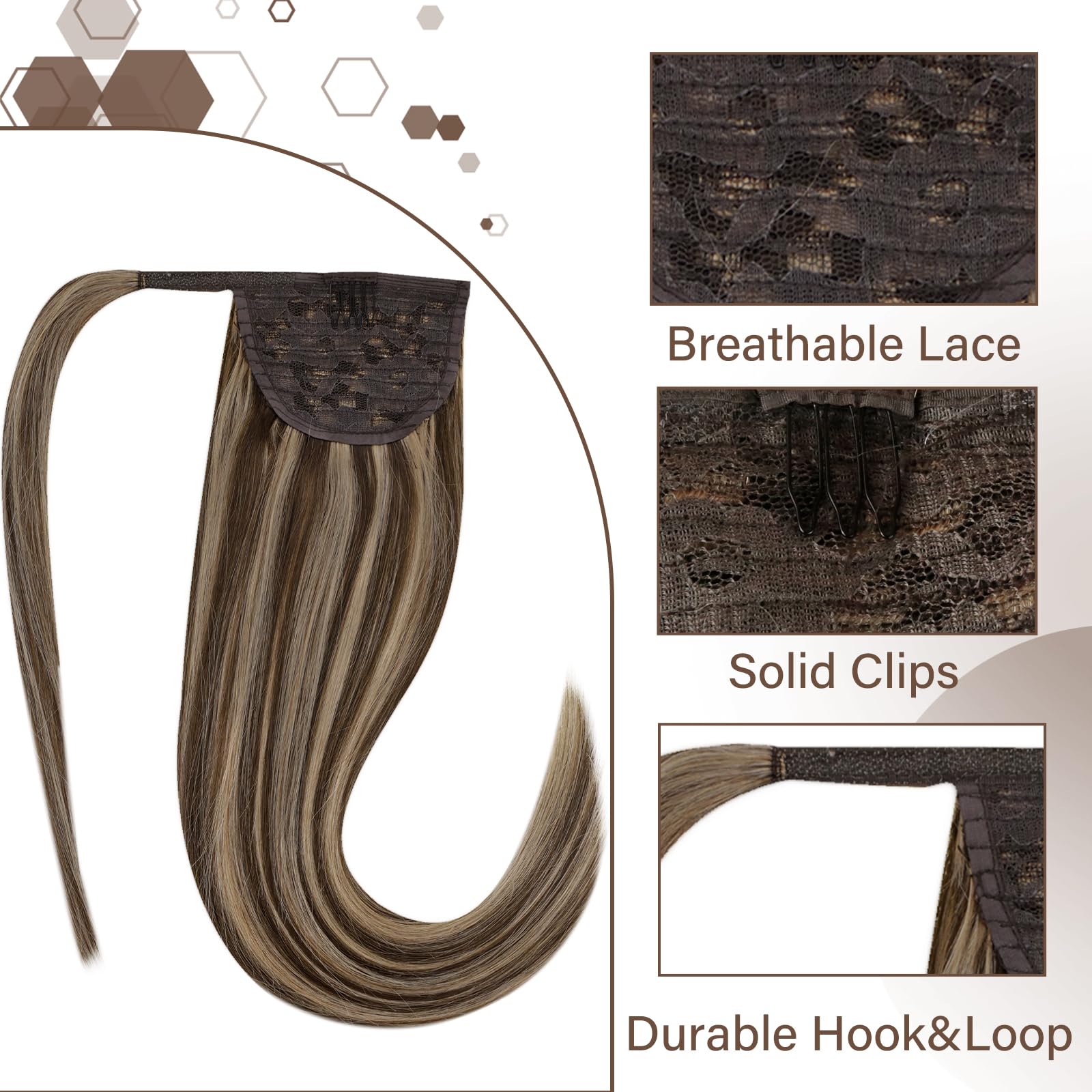 Hetto Ponytail Extension Echthaar Mittelbraun mit Karamellblond Highlights 30cm 70g - Sofortiger Langer Zopf, Einfache Klett & Kamm Befestigung, Ideal für Schnelles Umstyling, Sport, Arbeit #p4/27 - 3