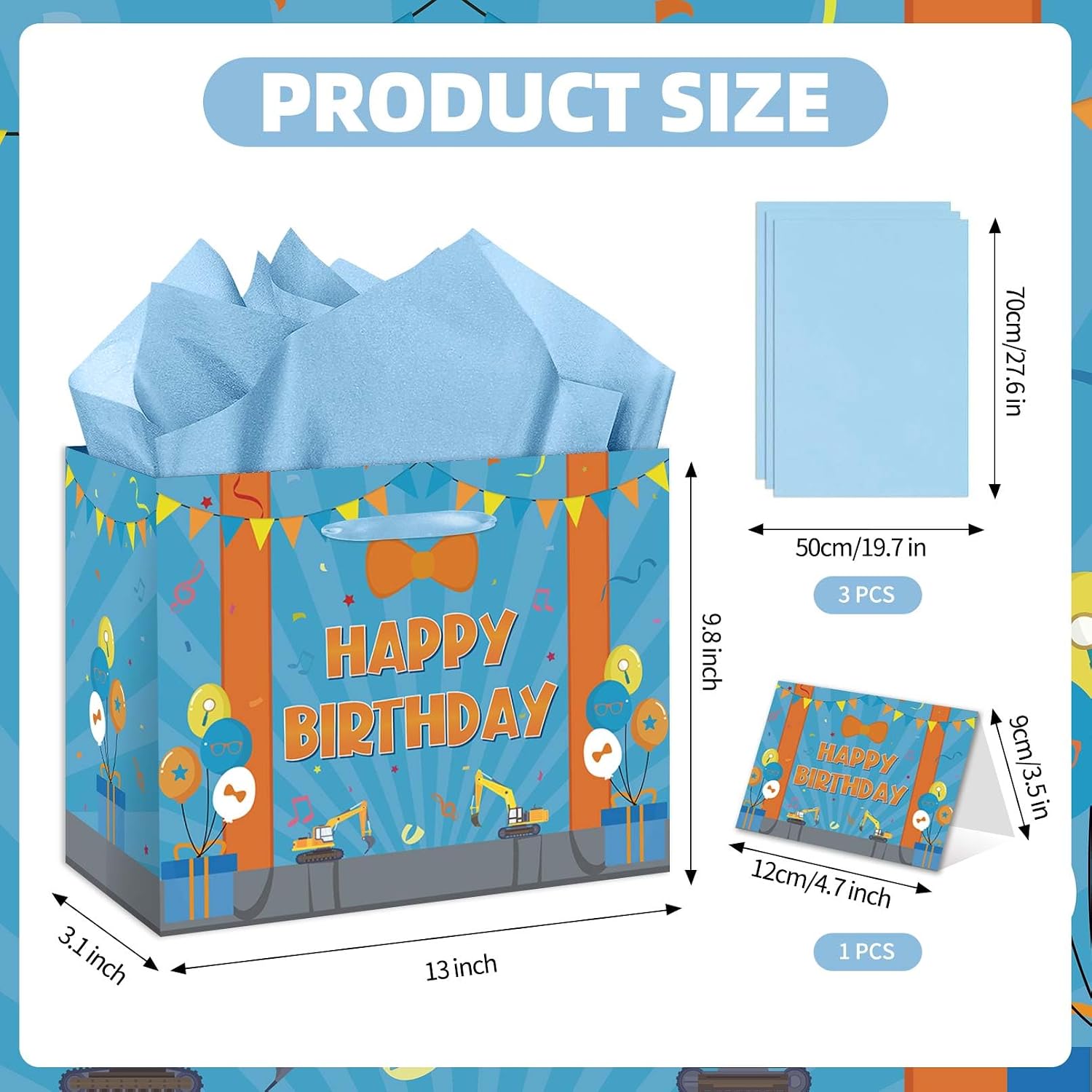 Cartoon Orange Blue Theme Birthday Gift Bag Large Cartoon Theme Bag Orange Blue Happy Birthday Gift Bag Party Favor with Card Tissue Paper for Kids Adults Celebrations Supplies Fun Decor image 2