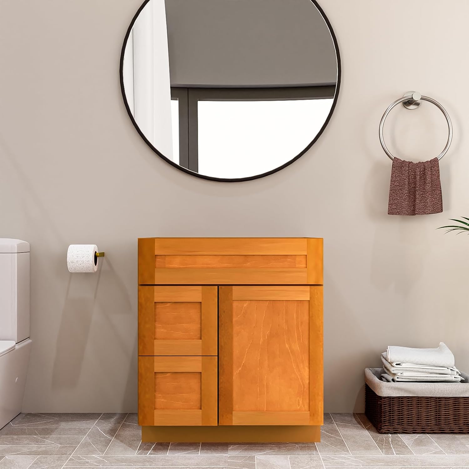 KitchenMan 30 Inch Bathroom Vanity Without Sink and Top Unassembled Bathroom Sink Cabinet not Include Handles, Double Door Bathroom Vanities for Bedroom, Living Room, Kitchen, Maple Shaker
