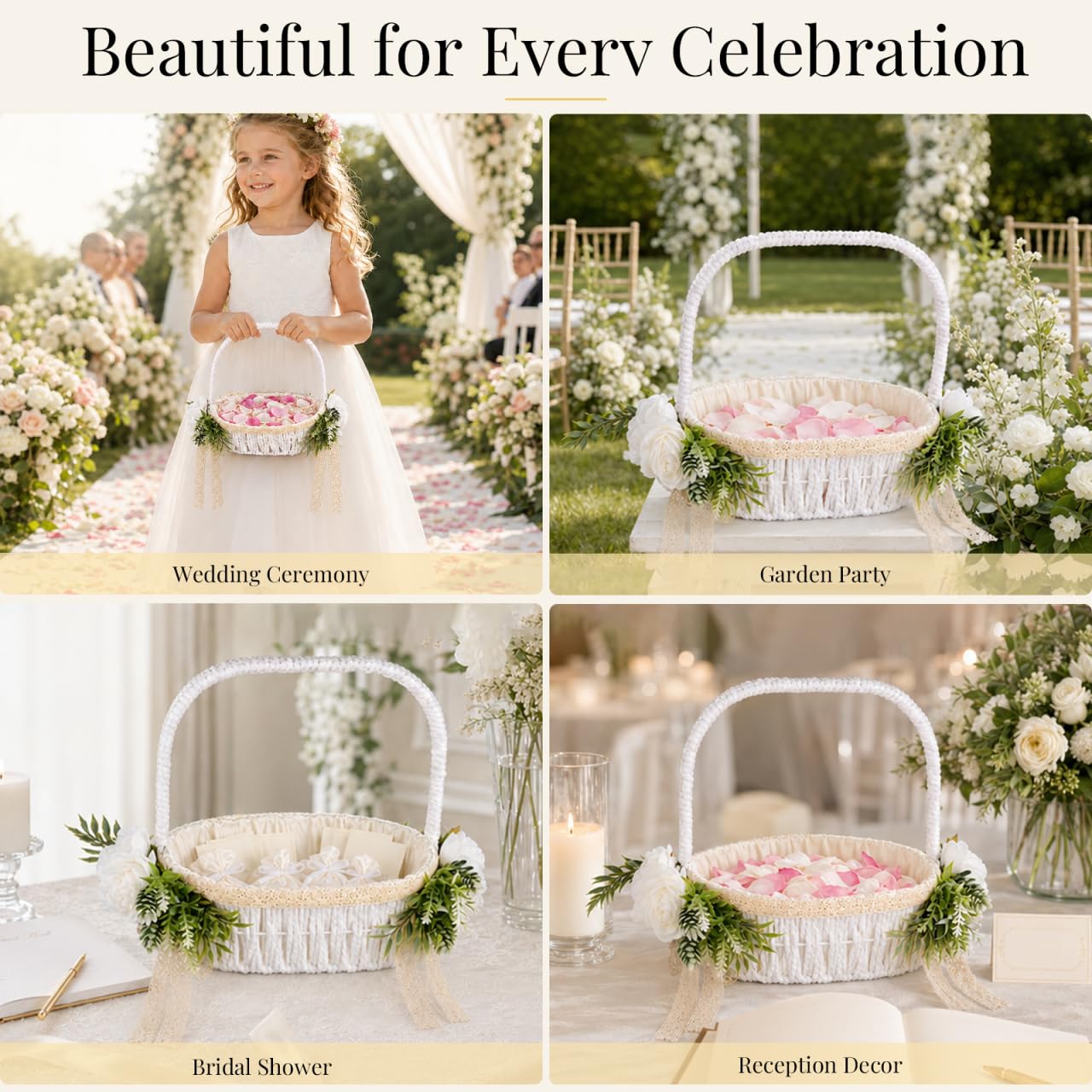 Operitacx Hochzeitskorb für Blumenmädchen, elfenbeinfarben mit handgewebtem Aufbewahrungskorb mit Griff, künstliche Rose, dekorativ für Zeremonie und Partyzubehör, romantisches