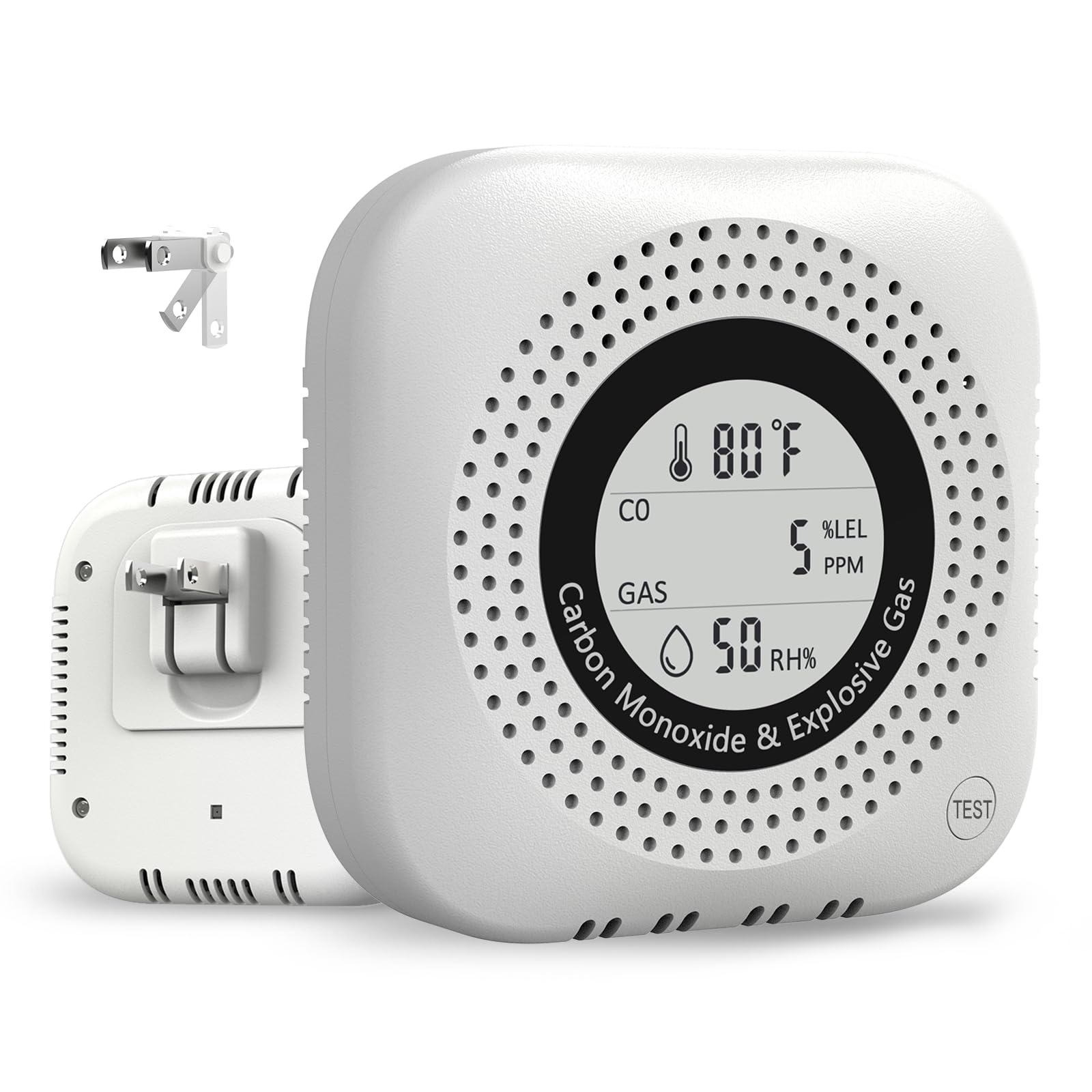 4-in-1 Carbon Monoxide & Natural Gas Leak Detector, Foldable Plug-in CO/Gas Alarm with Temperature & Humidity Display for Home, Apartment, RV