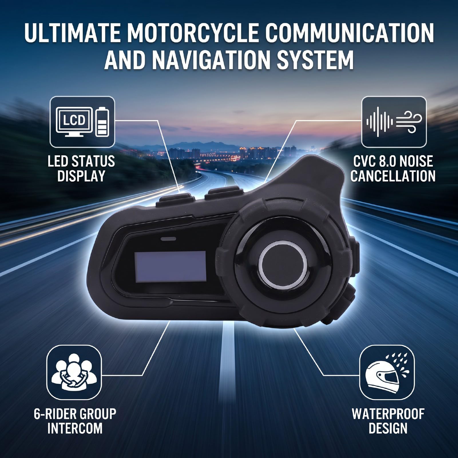 VBESTLIFE Auricolare Interfono Bluetooth per Moto, con Display Digitale, Riduzione del Rumore CVC 8.0, Interfono per 6 Motociclisti, Portata 1500 M, per Mezzo Casco Integrale