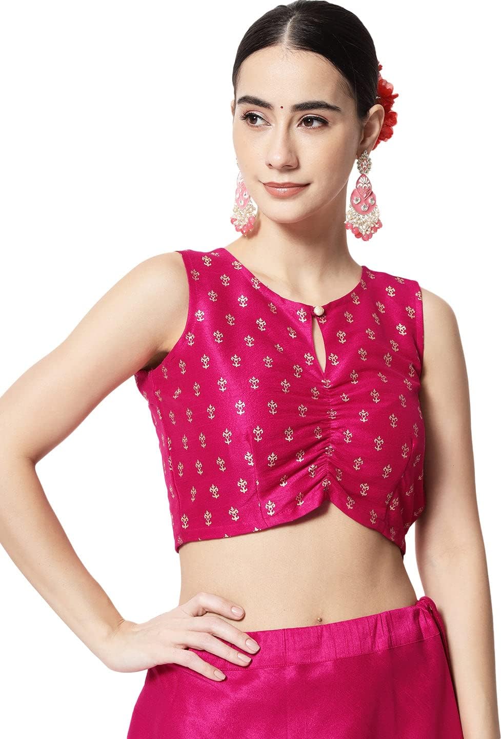 studio rasa Women's Silk Blend Block Printed Crop Top for Wedding Festive Party