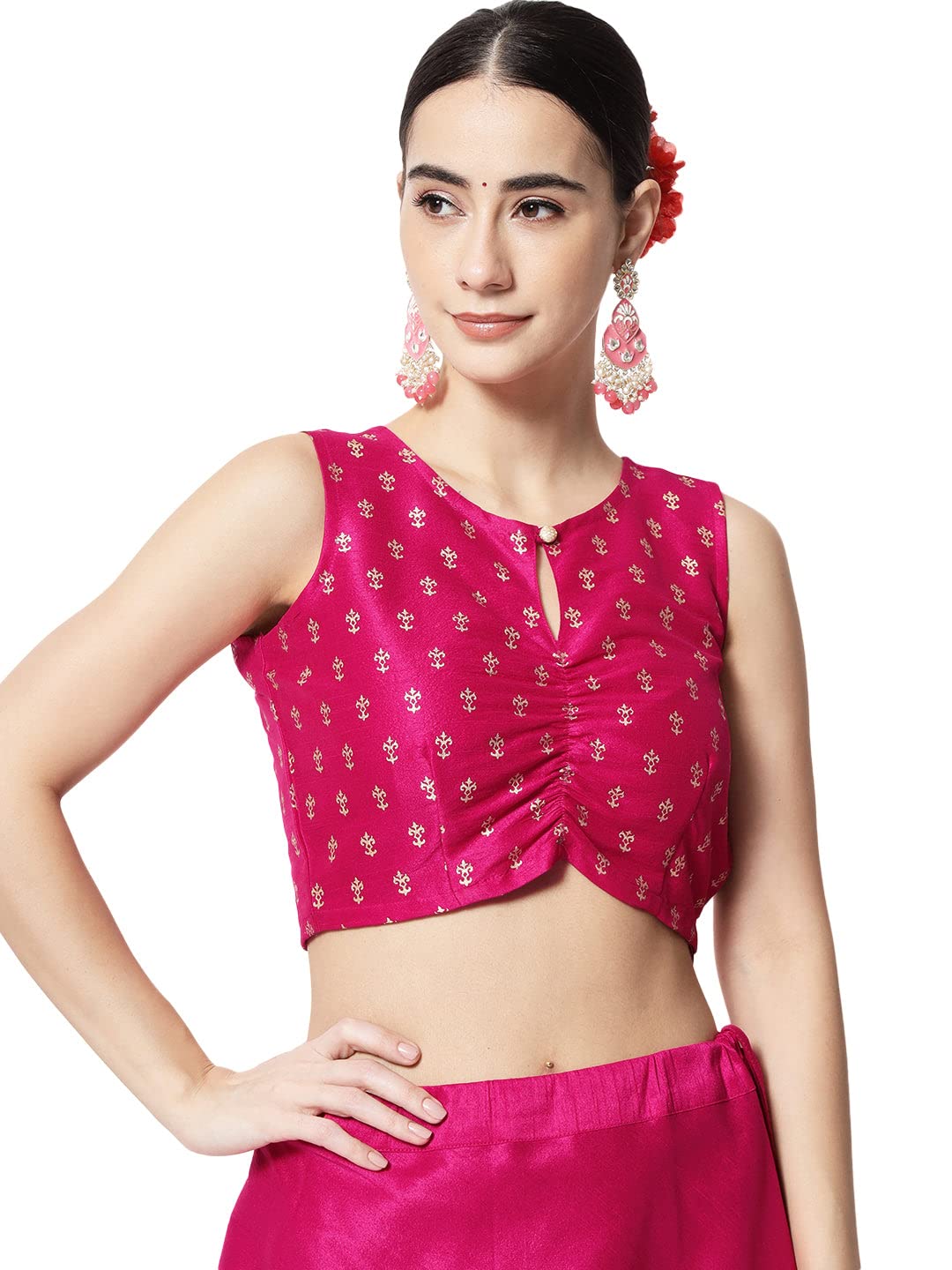 studio rasa Women's Silk Blend Block Printed Crop Top for Wedding Festive Party