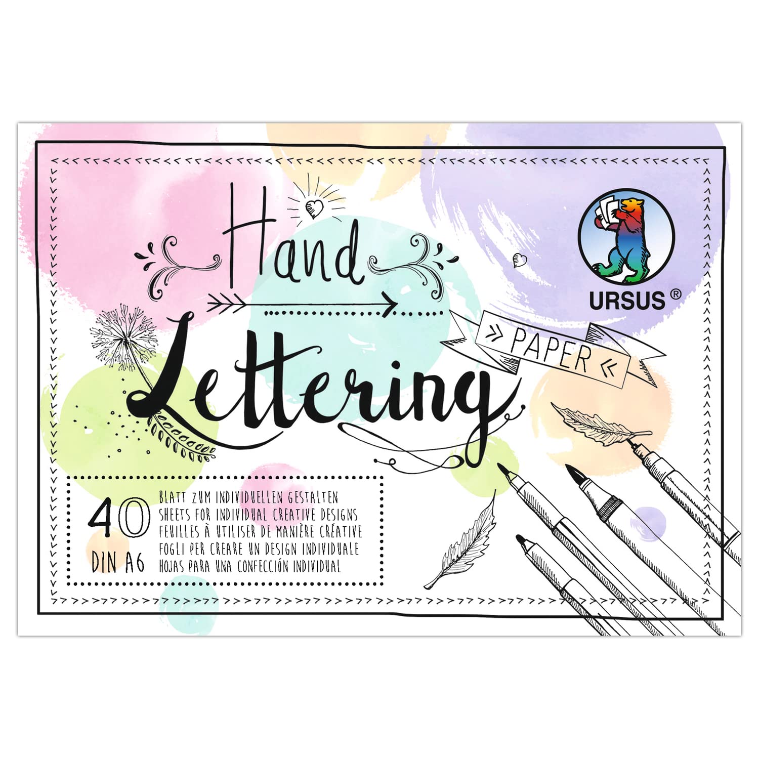 Ursus 24956499 - Hand Lettering Paper, Pastel Mix, DIN A6, 130 + 300 g/m², 20 Sheets of Coloured Drawing Paper, 20 Sheets of Photo Card in 5 Colours, for Creative Design